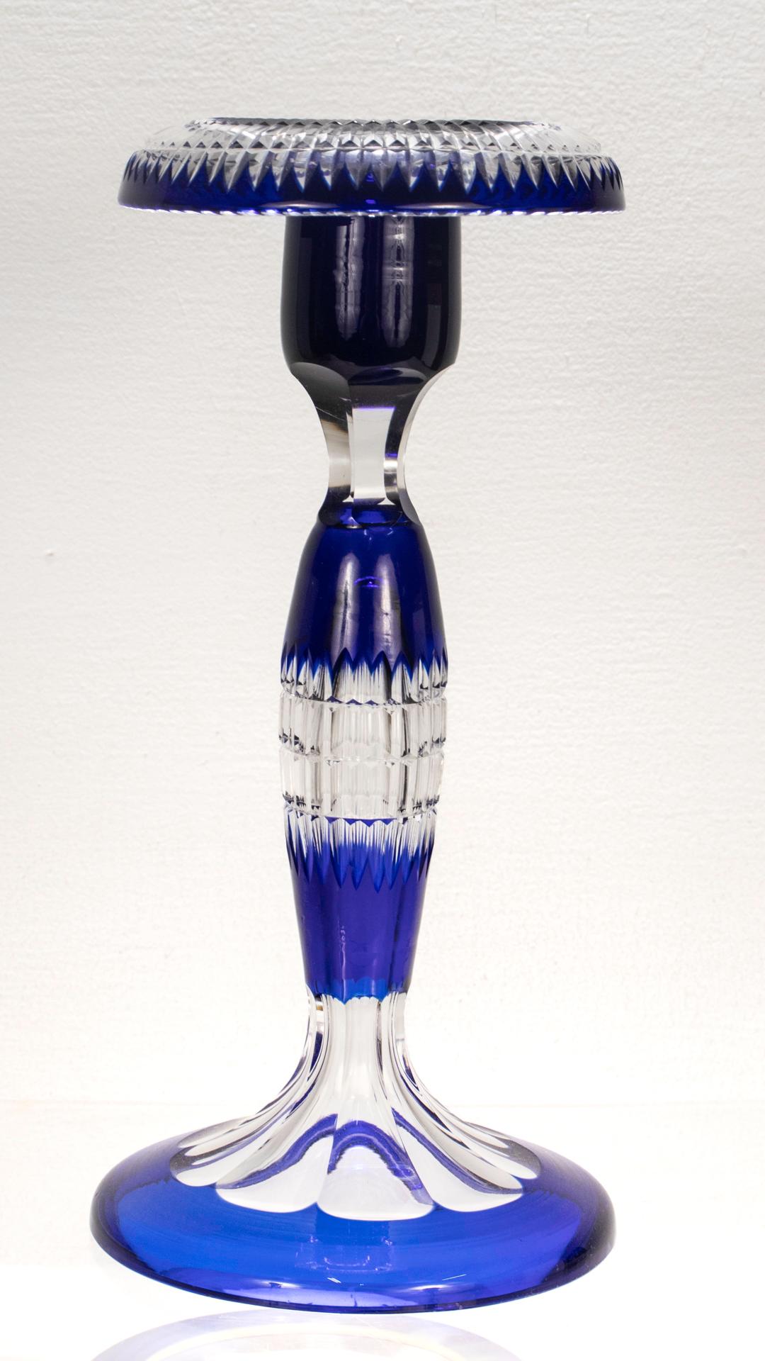 Vintage Val St. Lambert Blue Cut to Clear Glass Candlestick In Good Condition For Sale In Philadelphia, PA