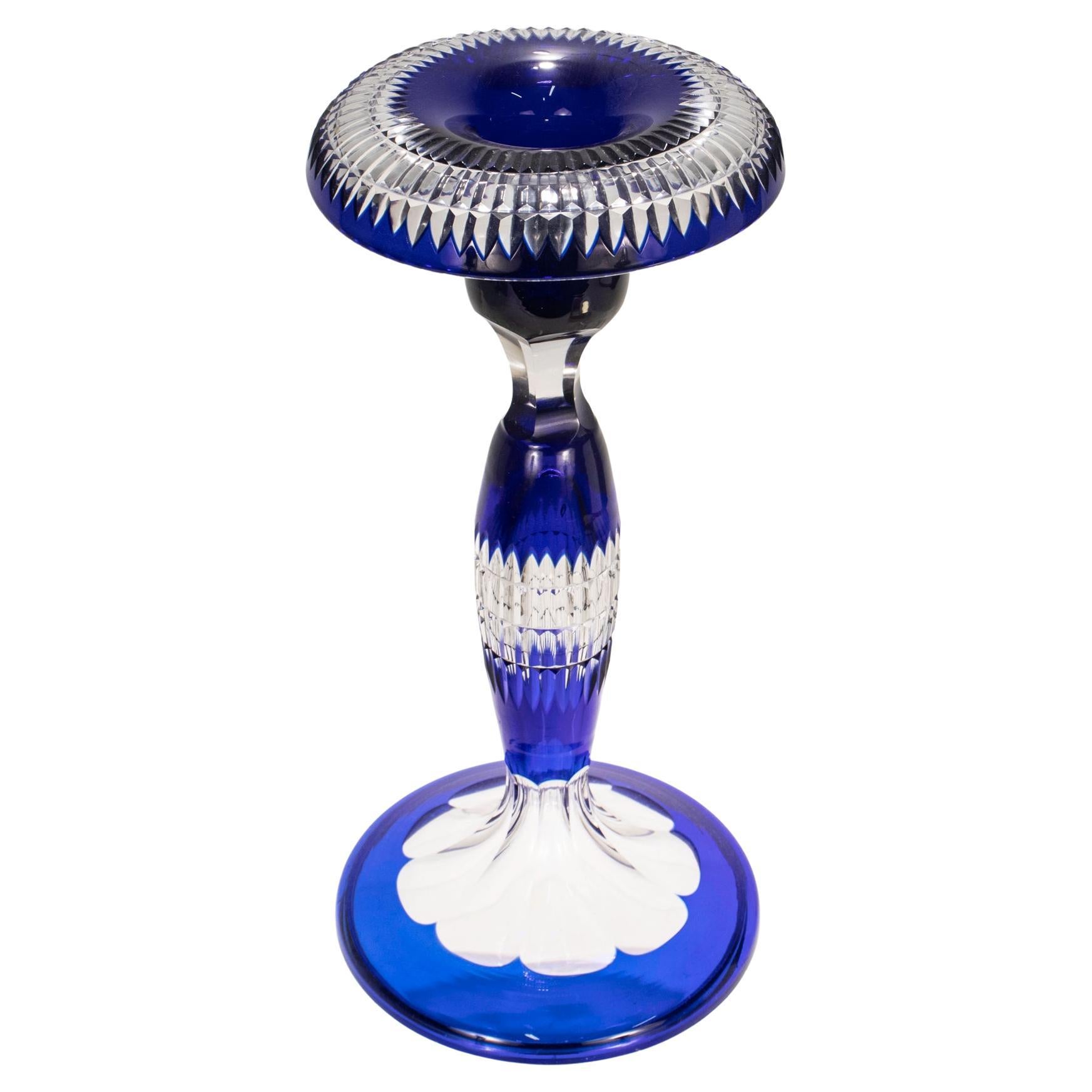 Blauer Kerzenständer aus klarem Glas von Val St. Lambert mit Schliff