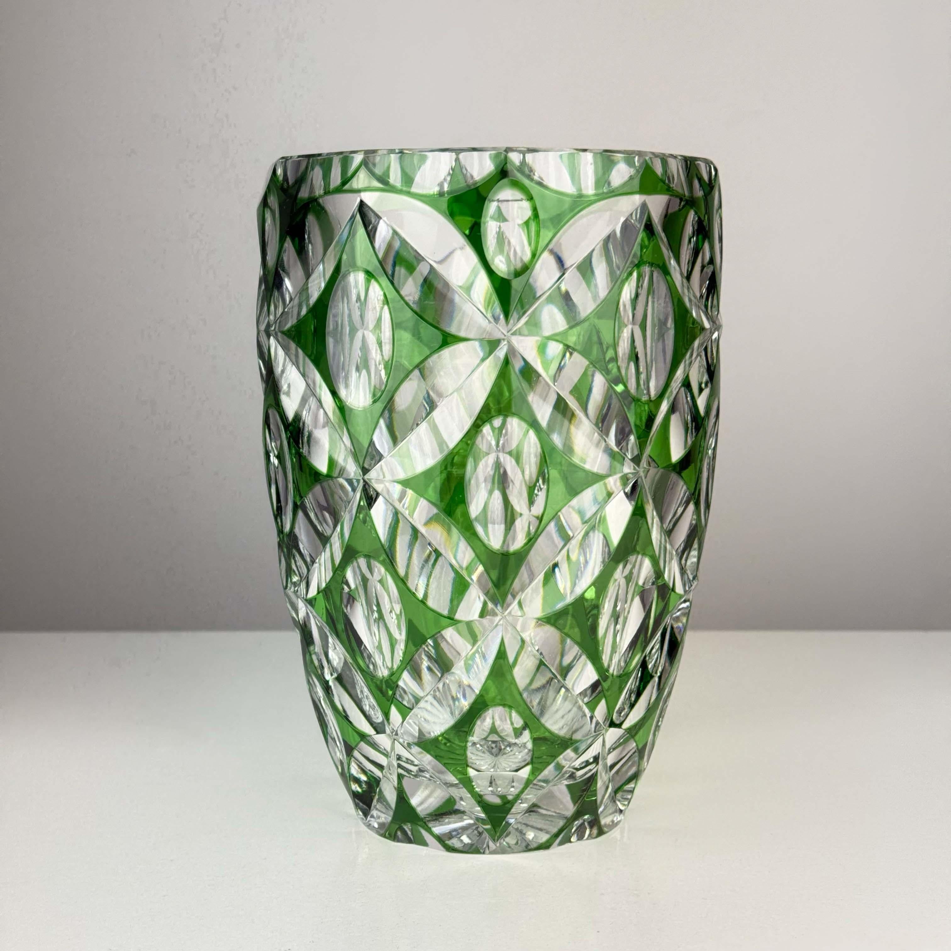 Vintage Val St Lambert Emerald Green Flashed Gem Cut Crystal Vase
