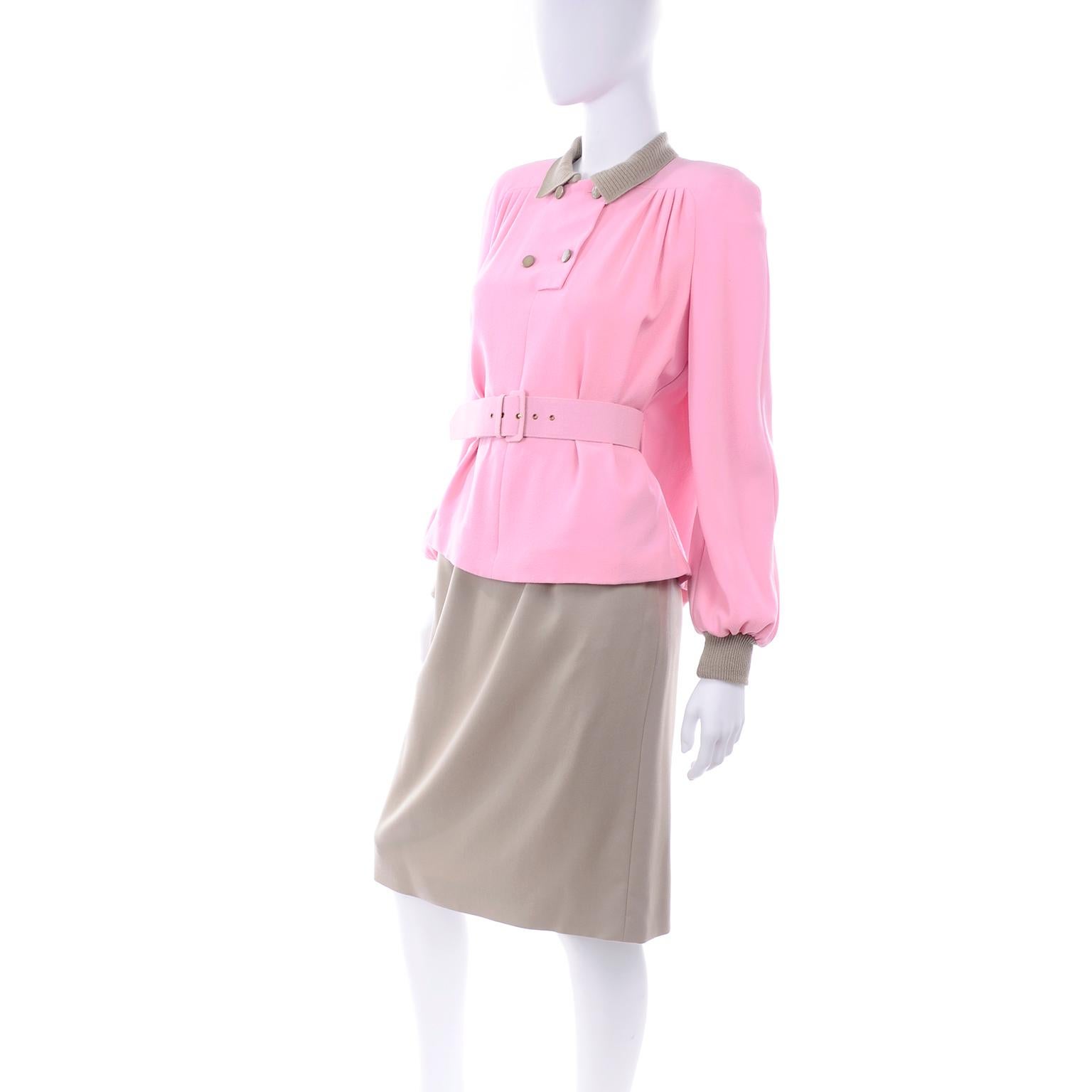 Vintage Valentino 1984 F/W Runway Pink & Camel Swing Top & Skirt Suit  1