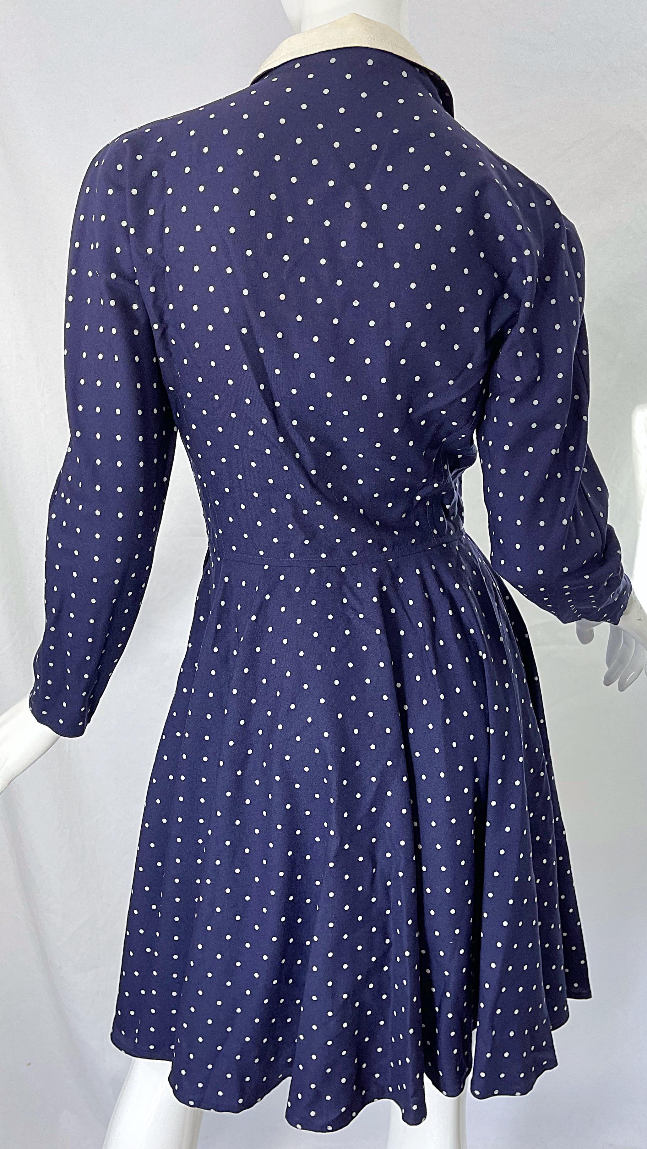 Vintage Valentino 1990s Does 1940s Size 4 navy Blue White Polka Dot 90s Dress For Sale 4
