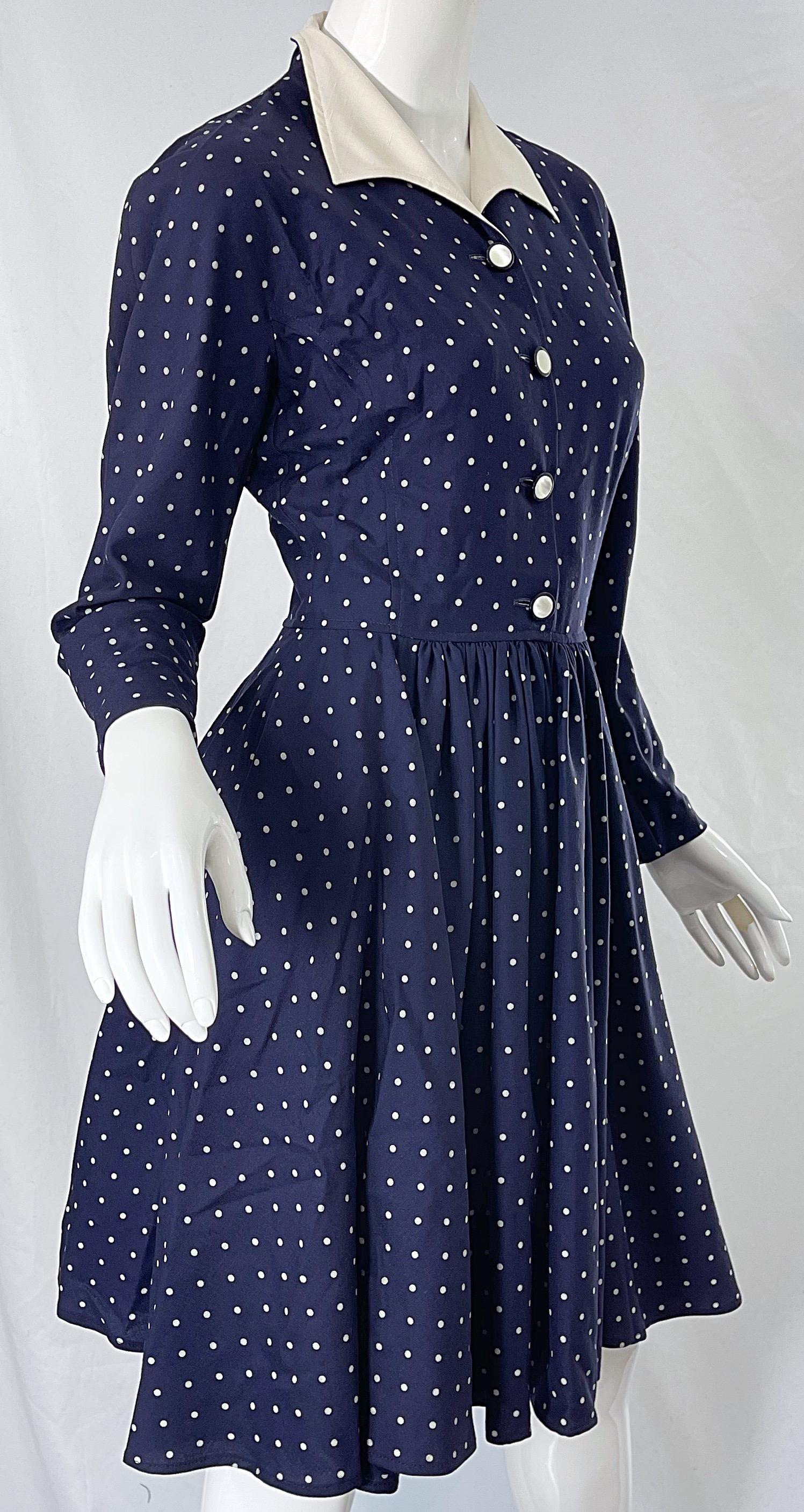 Vintage Valentino 1990s Does 1940s Size 4 navy Blue White Polka Dot 90s Dress In Excellent Condition For Sale In San Diego, CA