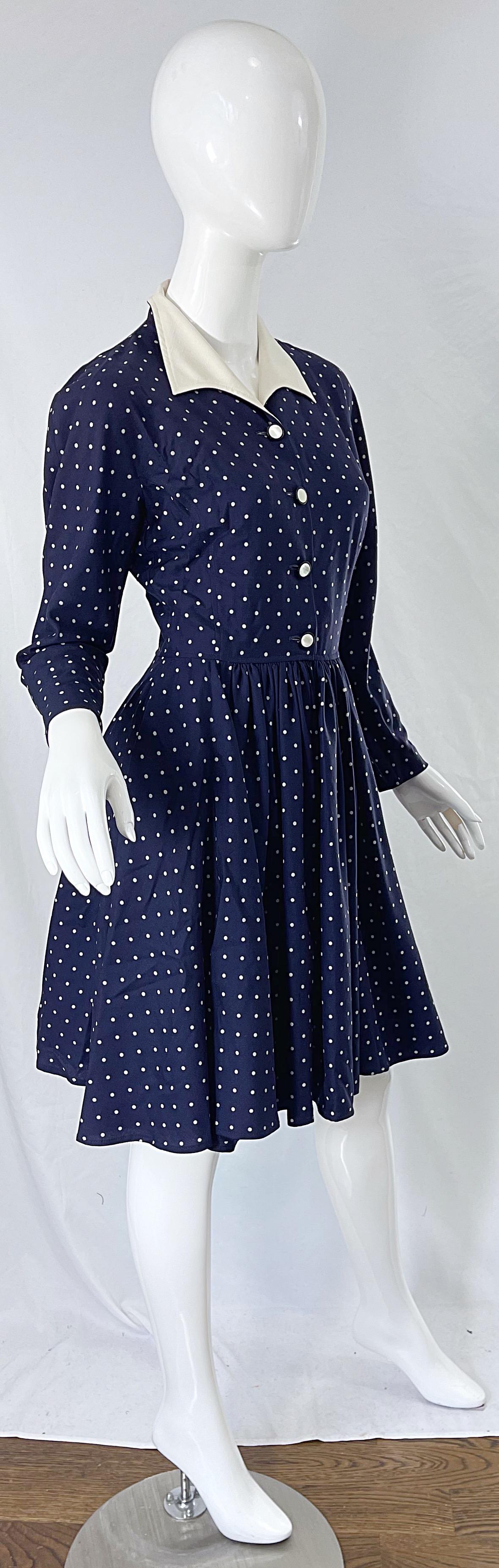 Vintage Valentino 1990s Does 1940s Size 4 navy Blue White Polka Dot 90s Dress For Sale 1