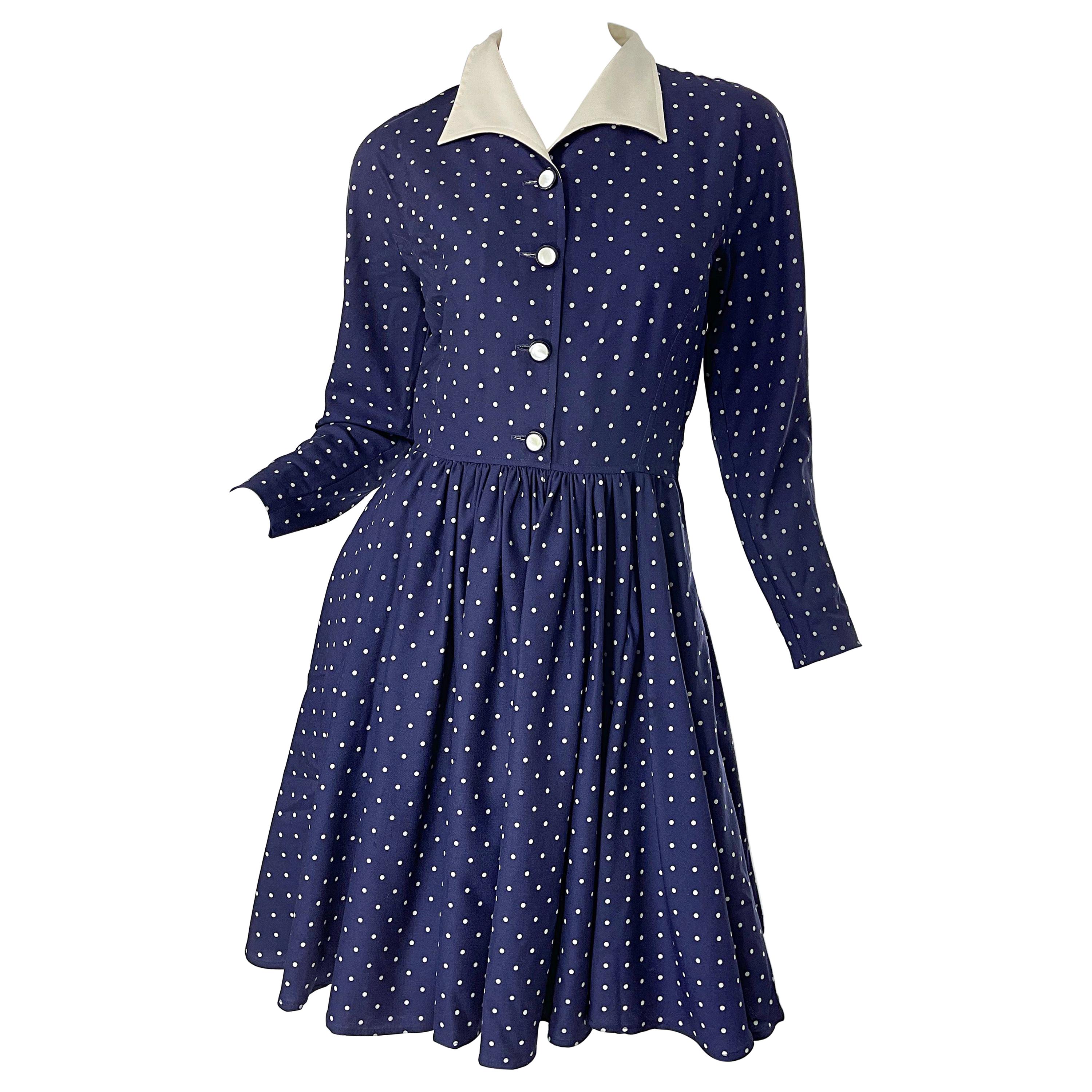 Vintage Valentino 1990s Does 1940s Size 6 navy Blue White Polka Dot 90s Dress