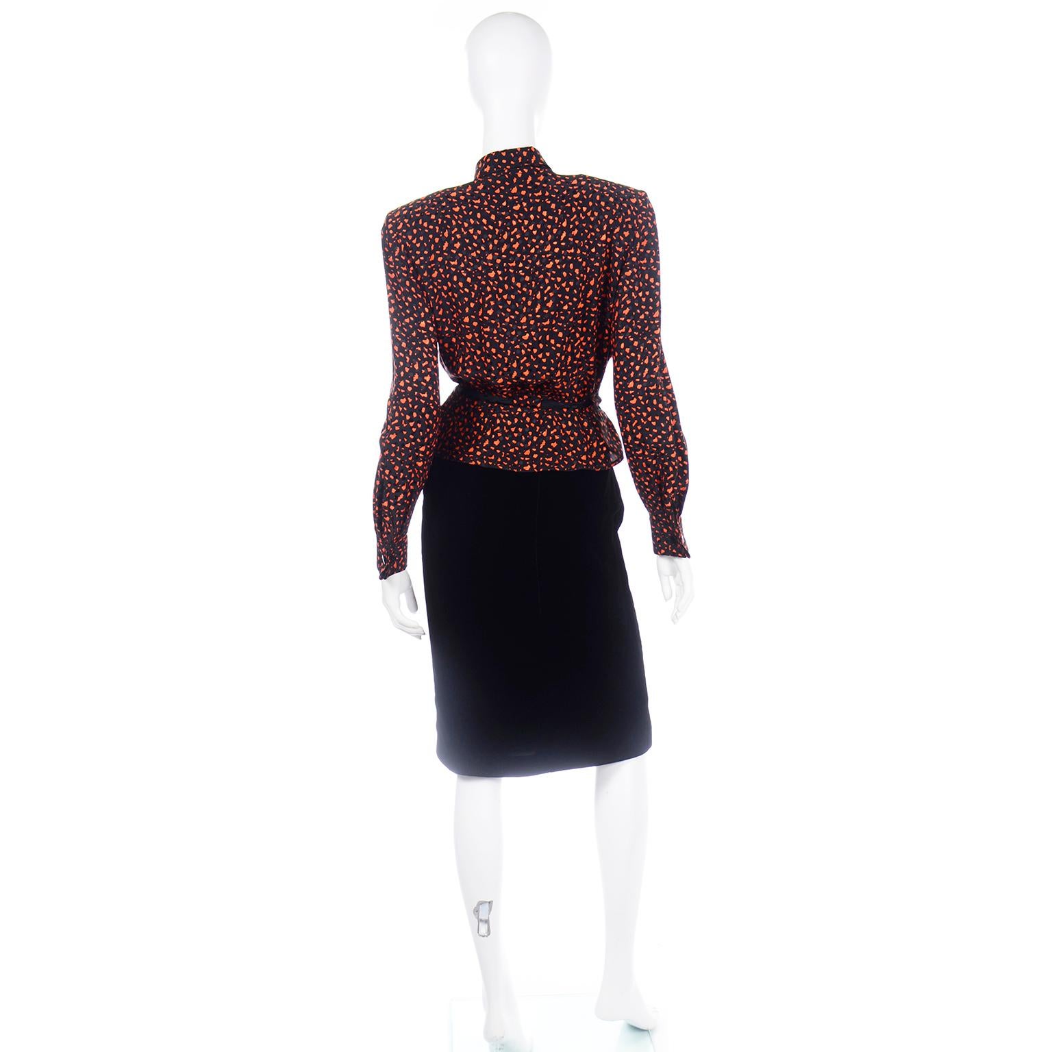 Vintage Valentino 3pc Orange Jacket Black Velvet Skirt & Silk Bow Blouse Suit 3