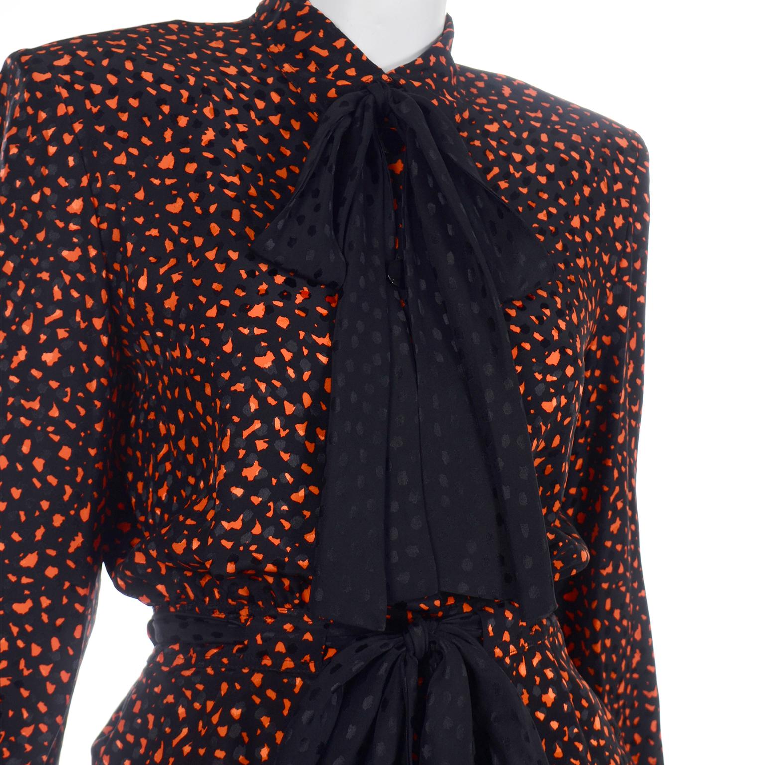 Vintage Valentino 3pc Orange Jacket Black Velvet Skirt & Silk Bow Blouse Suit 5