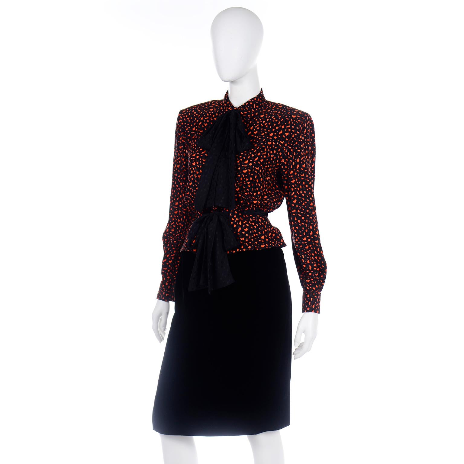 Vintage Valentino 3pc Orange Jacket Black Velvet Skirt & Silk Bow Blouse Suit 6