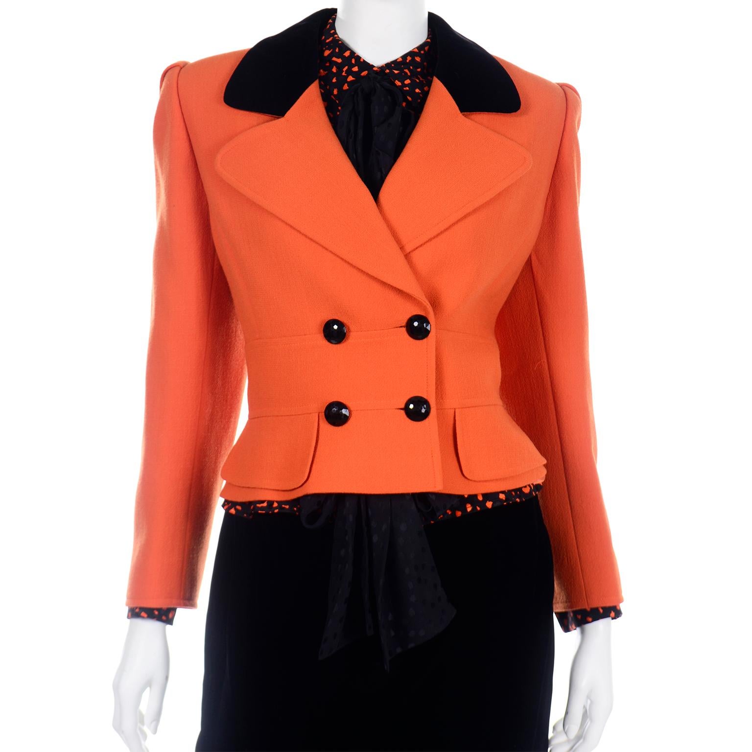 Vintage Valentino 3pc Orange Jacket Black Velvet Skirt & Silk Bow Blouse Suit 7