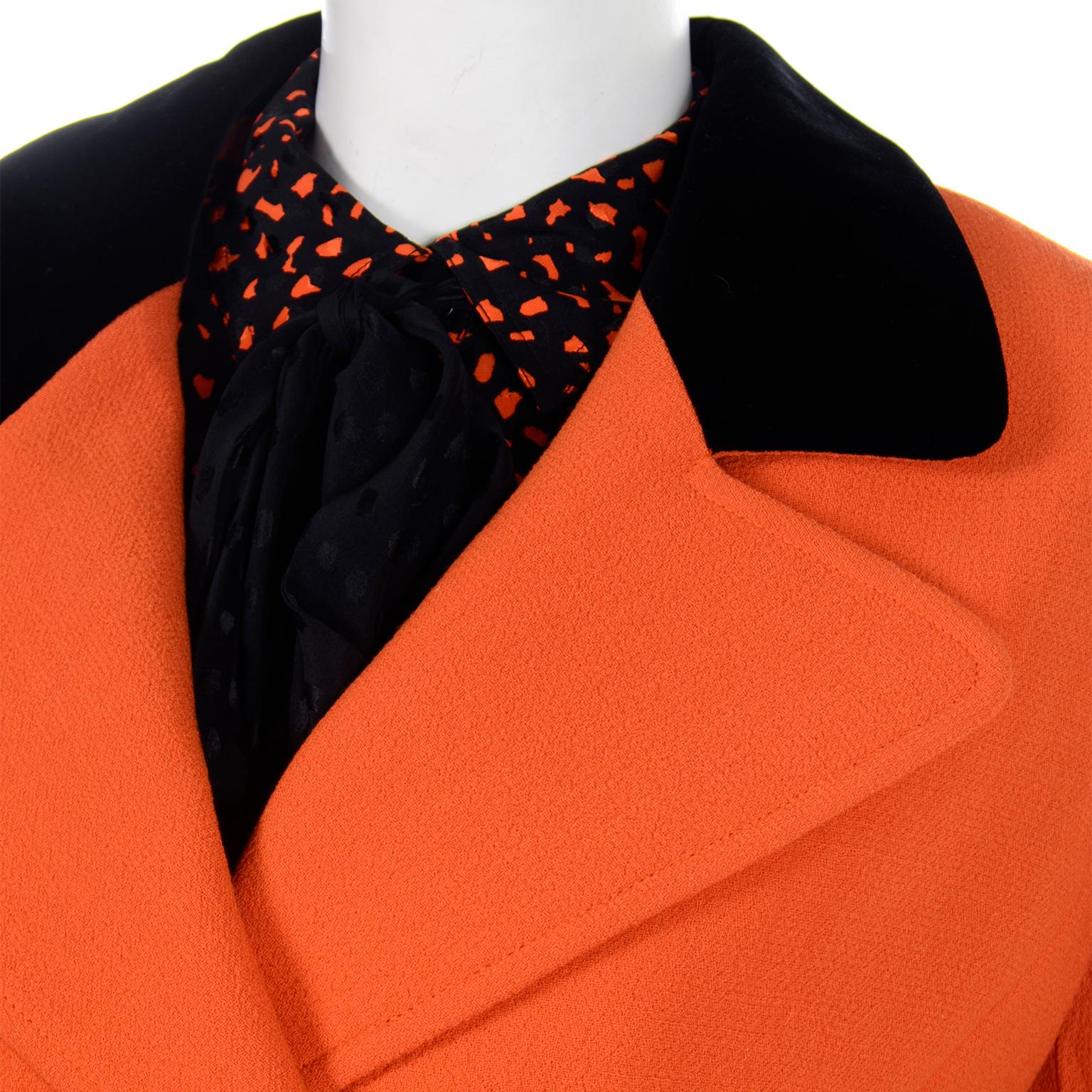 Vintage Valentino 3pc Orange Jacket Black Velvet Skirt & Silk Bow Blouse Suit 9