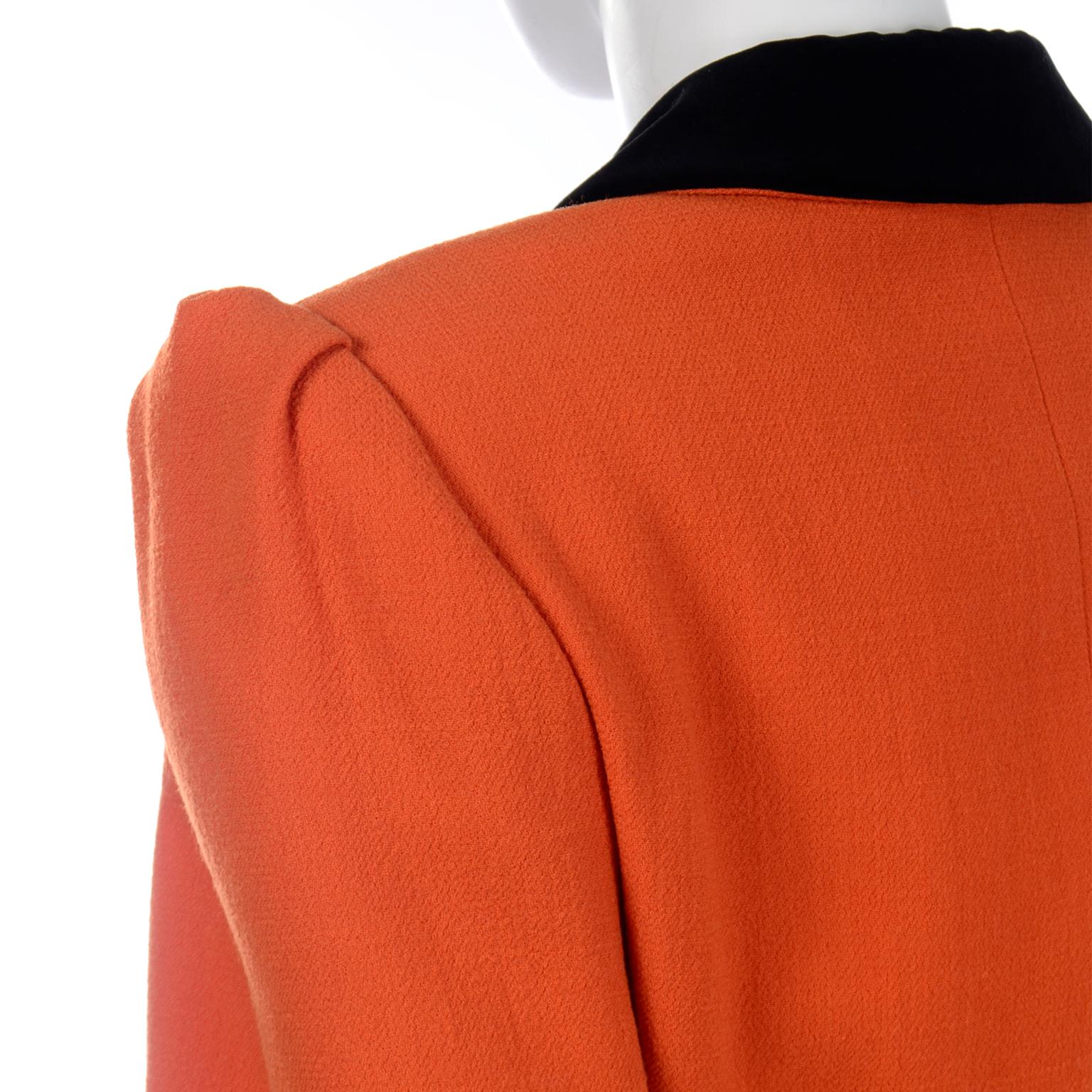 Vintage Valentino 3pc Orange Jacket Black Velvet Skirt & Silk Bow Blouse Suit 10