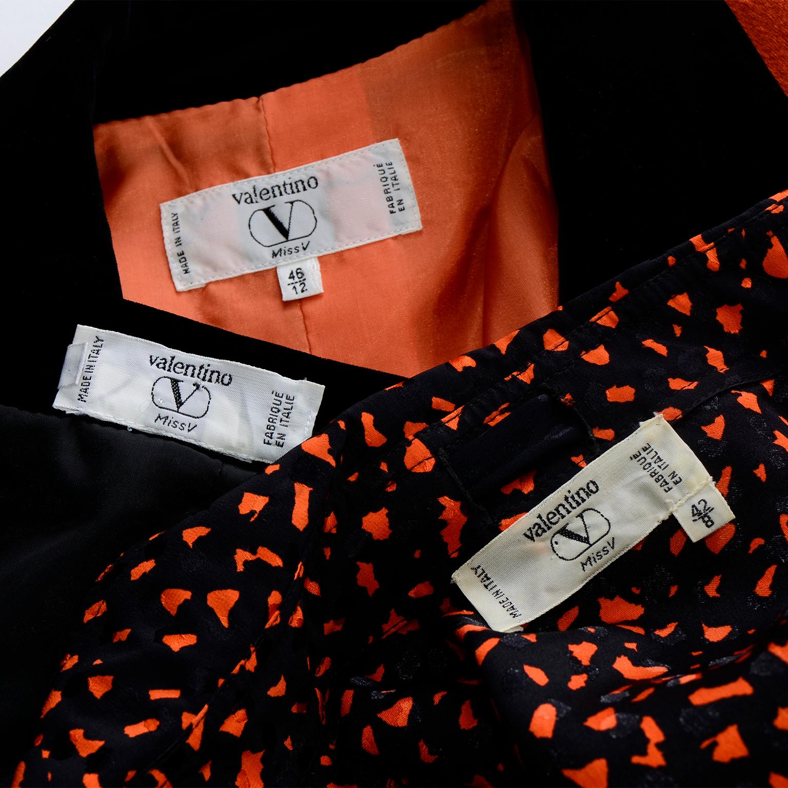 Vintage Valentino 3pc Orange Jacket Black Velvet Skirt & Silk Bow Blouse Suit 11