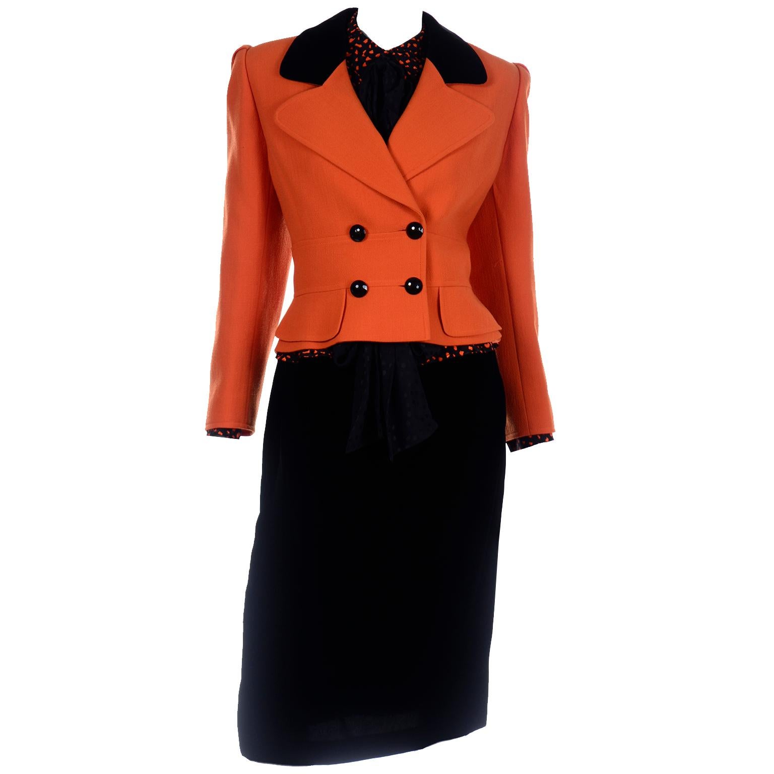 Vintage Valentino 3pc Orange Jacket Black Velvet Skirt & Silk Bow Blouse Suit 12