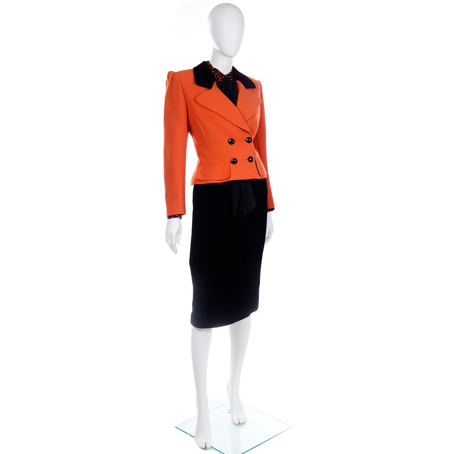 Vintage Valentino 3pc Orange Jacket Black Velvet Skirt & Silk Bow Blouse Suit In Good Condition In Portland, OR