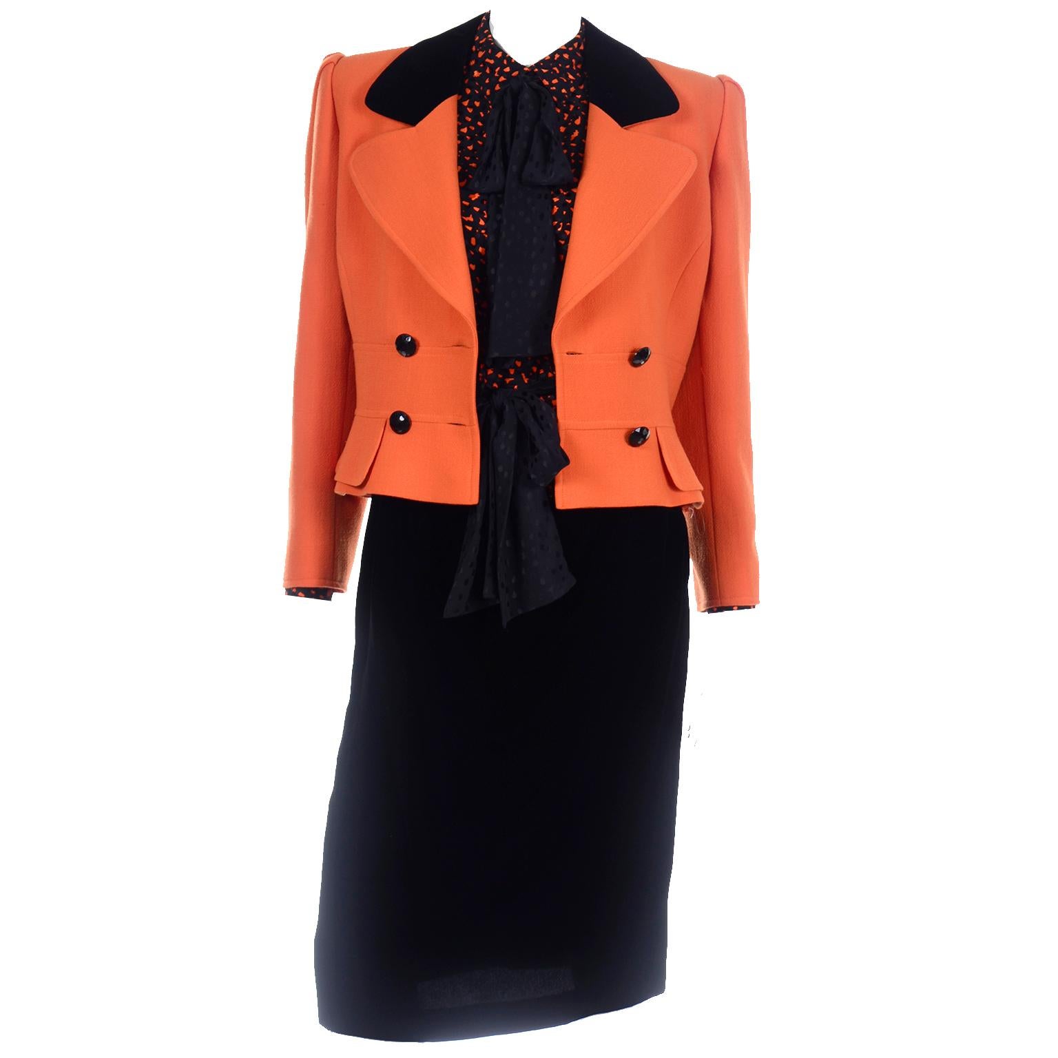 Women's Vintage Valentino 3pc Orange Jacket Black Velvet Skirt & Silk Bow Blouse Suit