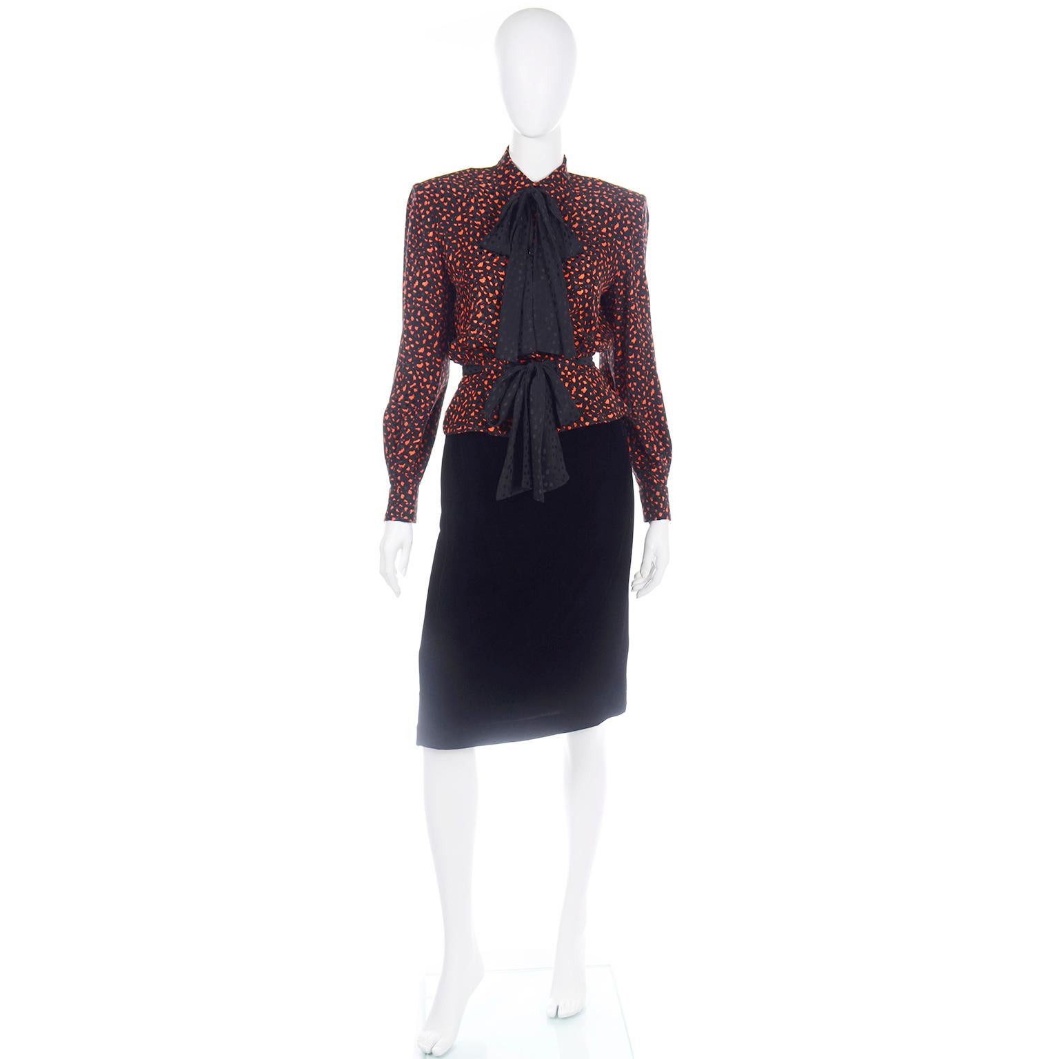 Vintage Valentino 3pc Orange Jacket Black Velvet Skirt & Silk Bow Blouse Suit 1