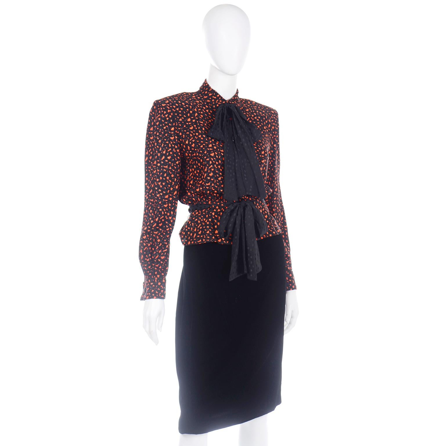 Vintage Valentino 3pc Orange Jacket Black Velvet Skirt & Silk Bow Blouse Suit 2
