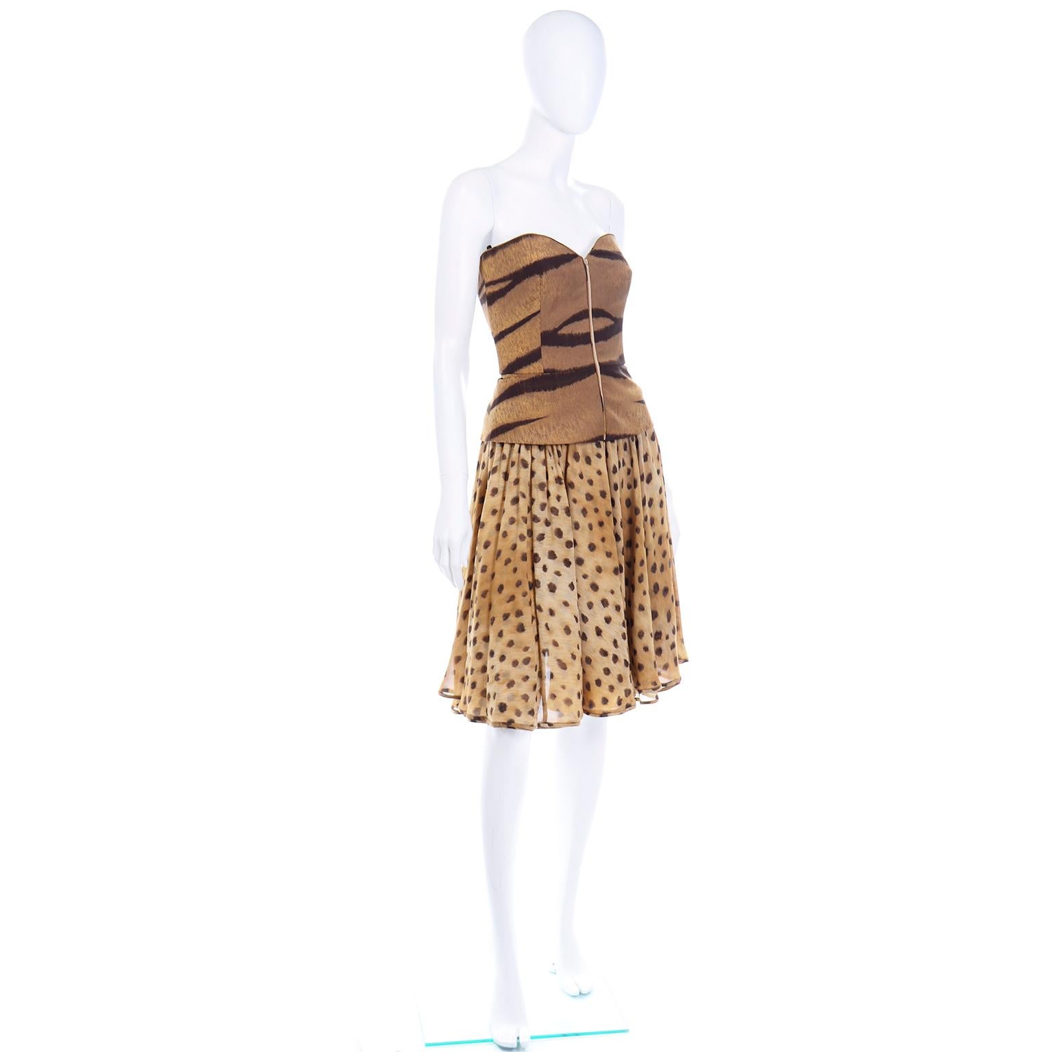 Brown Vintage Valentino Animal Print Bustier and Silk Chiffon Skirt 2 Piece Dress