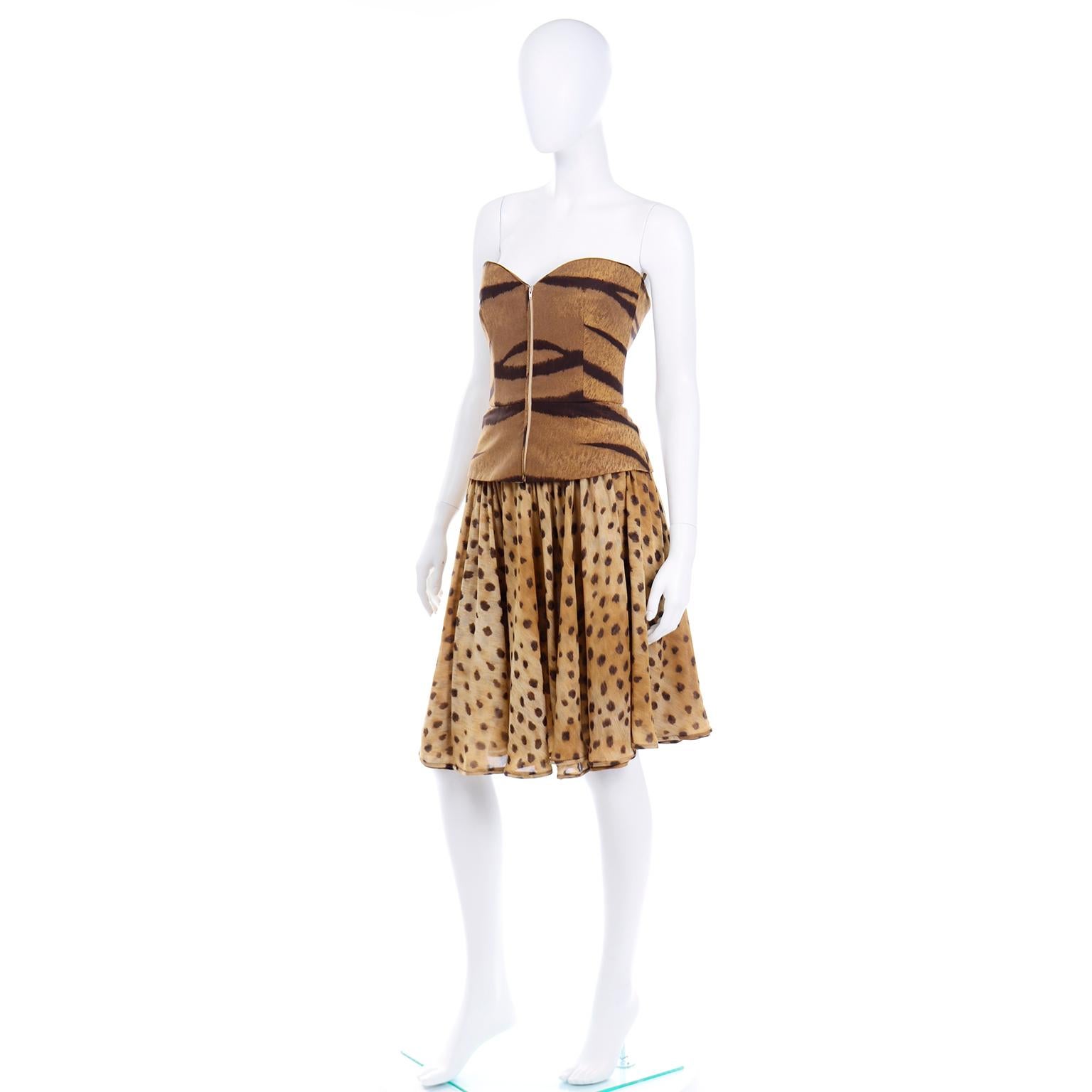 Women's Vintage Valentino Animal Print Bustier and Silk Chiffon Skirt 2 Piece Dress