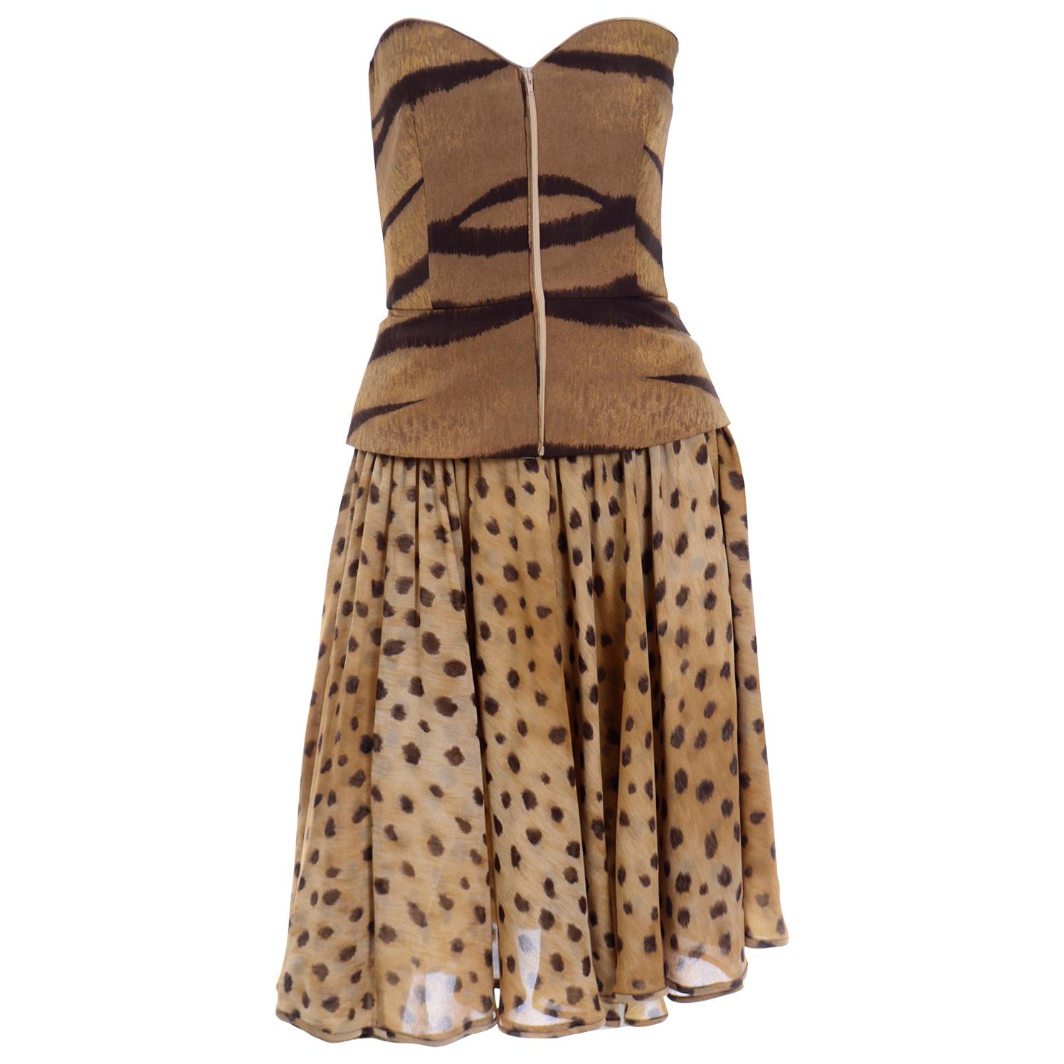 Vintage Valentino Animal Print Bustier and Silk Chiffon Skirt 2 Piece Dress
