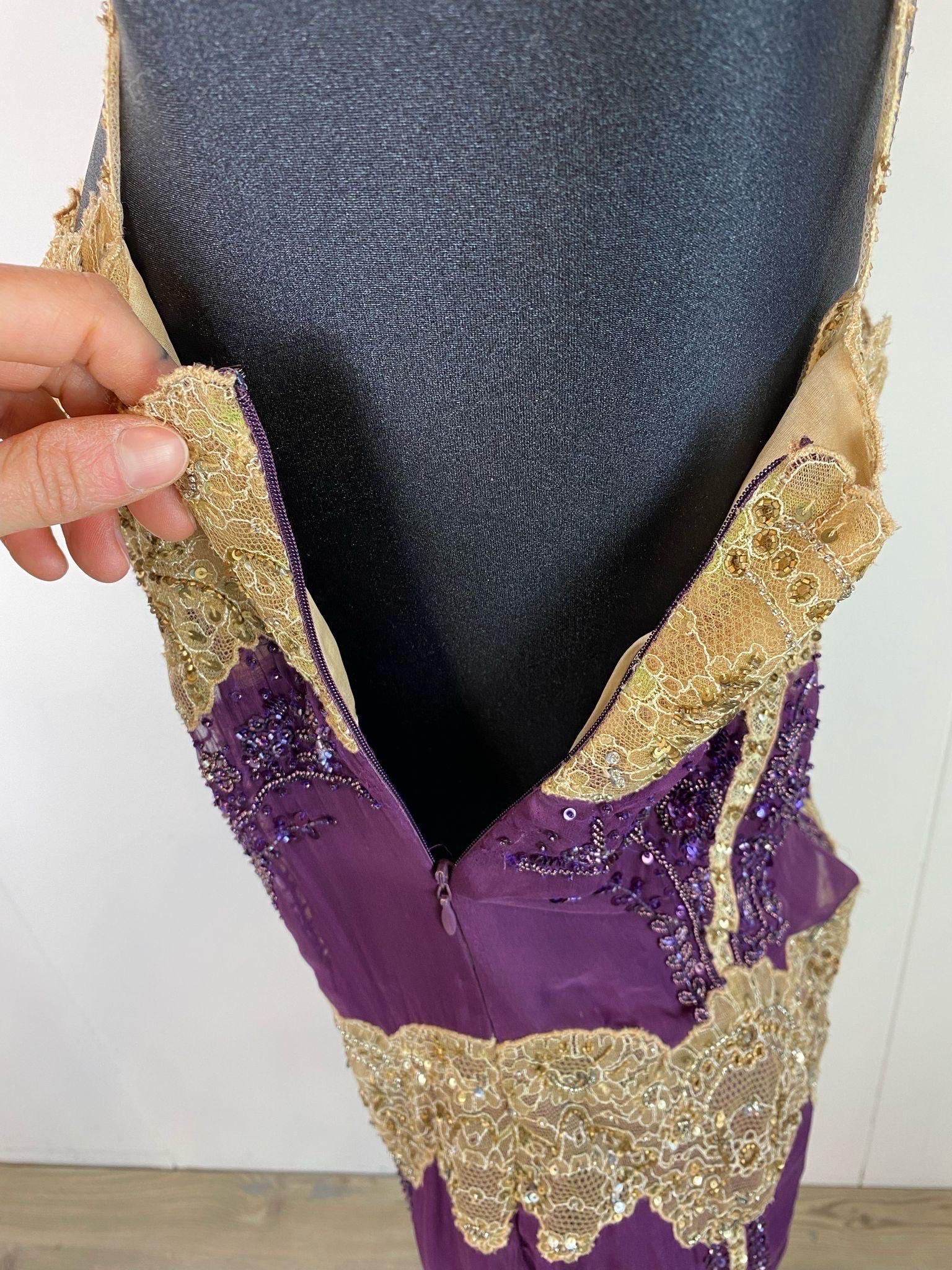 Black Vintage Valentino beige and purple silk dress with embroidery and lace.