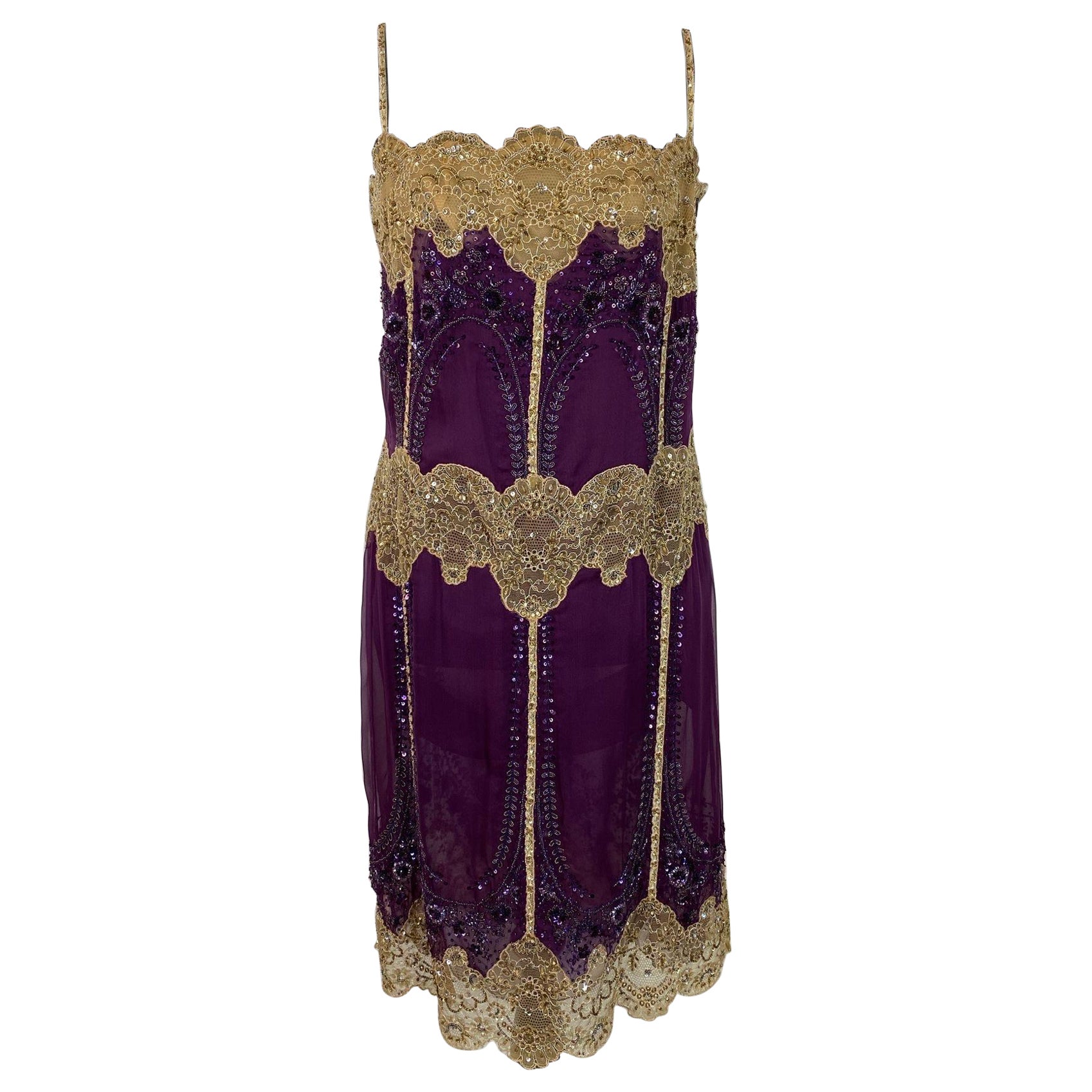 Vintage Valentino beige and purple silk dress with embroidery and lace.