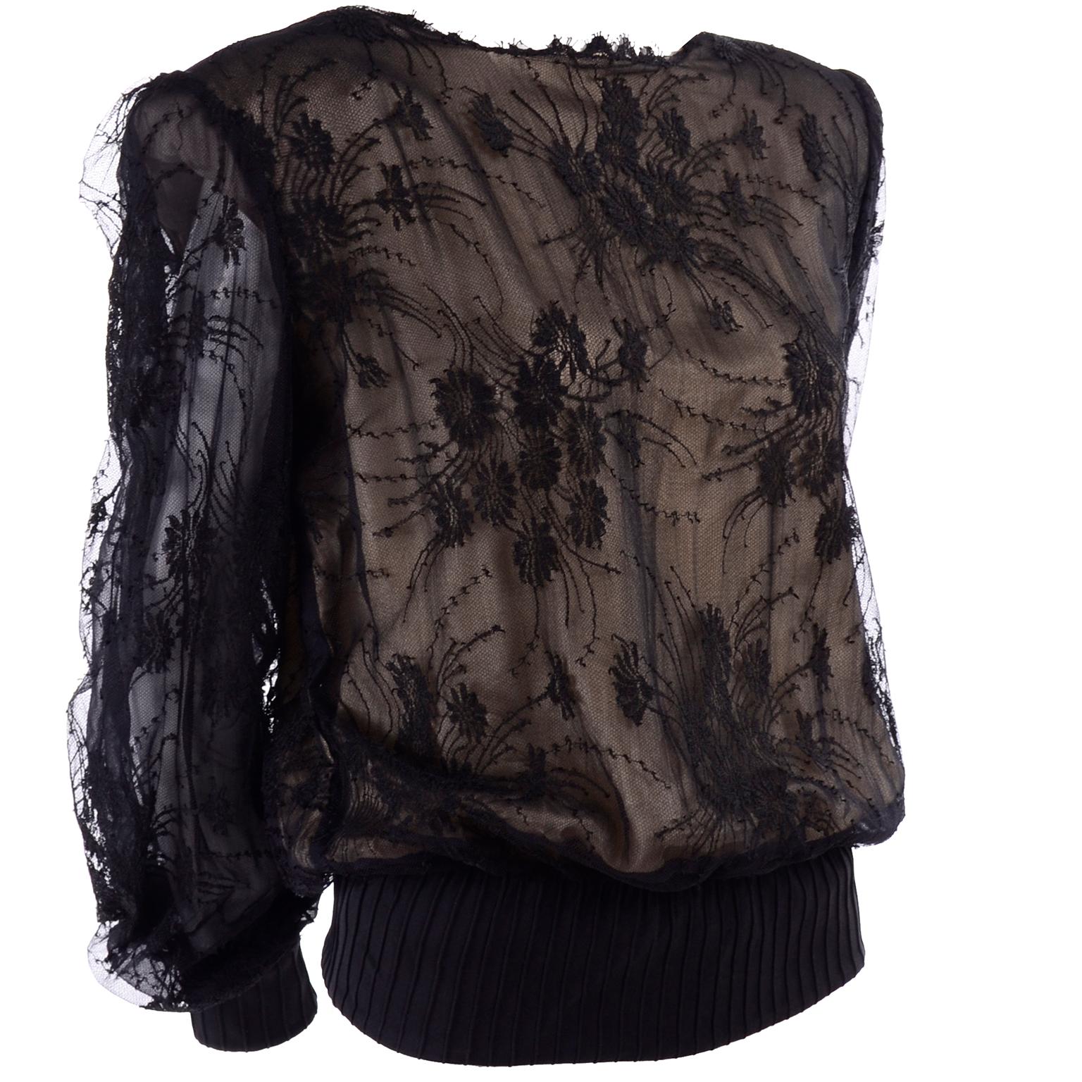 Vintage Valentino Black Lace Over Nude Silk Blouse In Excellent Condition In Portland, OR