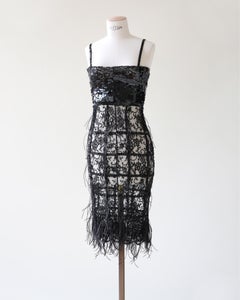 Vintage Valentino black mesh sheer sequin beaded ostrich feather midi knee dress