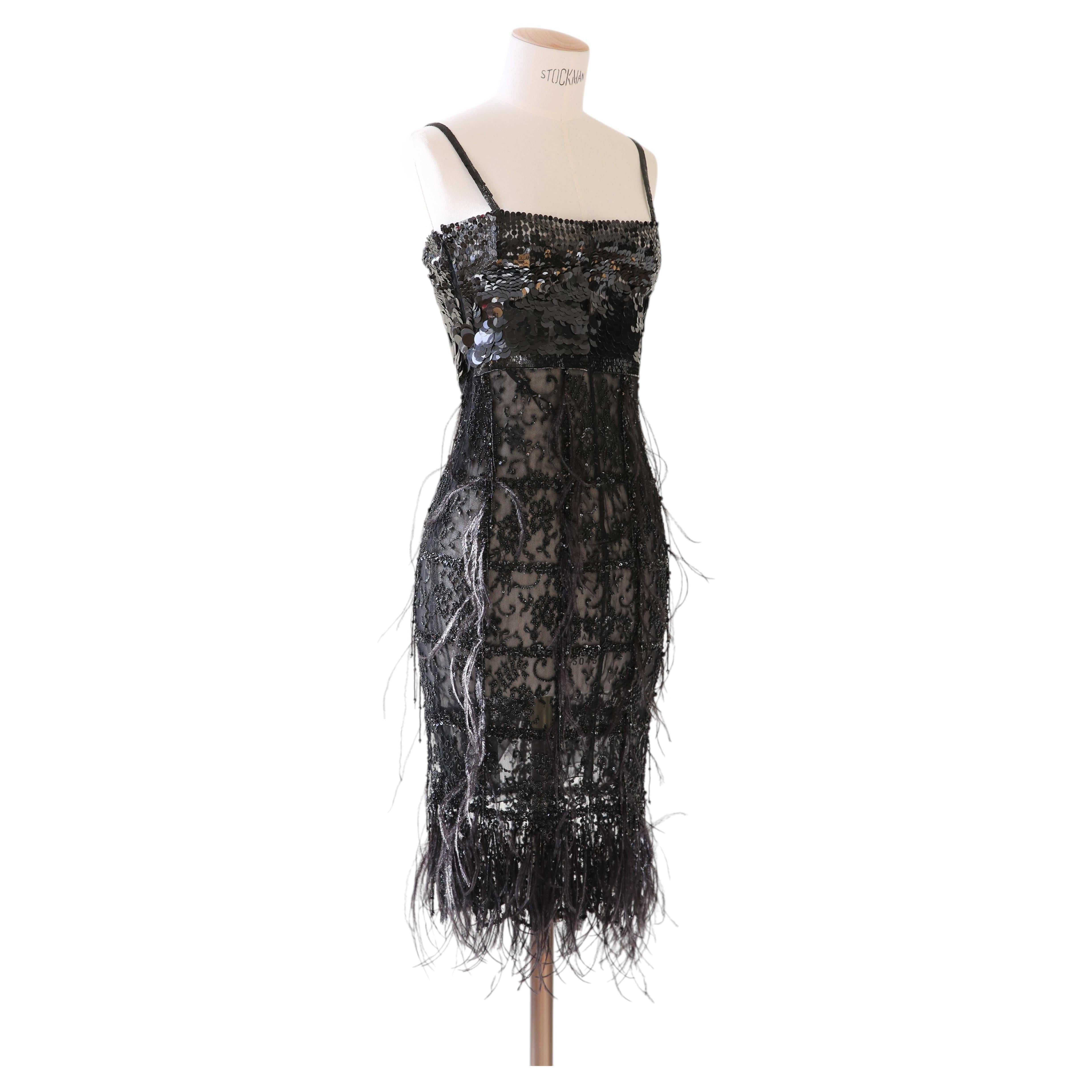 Vintage Valentino black mesh sheer sequin beaded ostrich feather midi knee dress