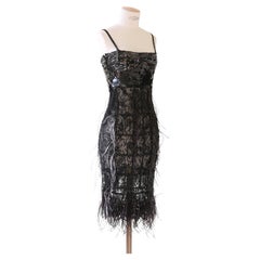 Vintage Valentino black mesh sheer sequin beaded ostrich feather midi knee dress