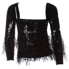 Valentino Schwarzes Strick-Top-Set mit Pailletten und Federn, S/M