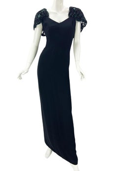 Vintage Valentino Black Silk Embellished Lace Green Bow Dress Gown US 8