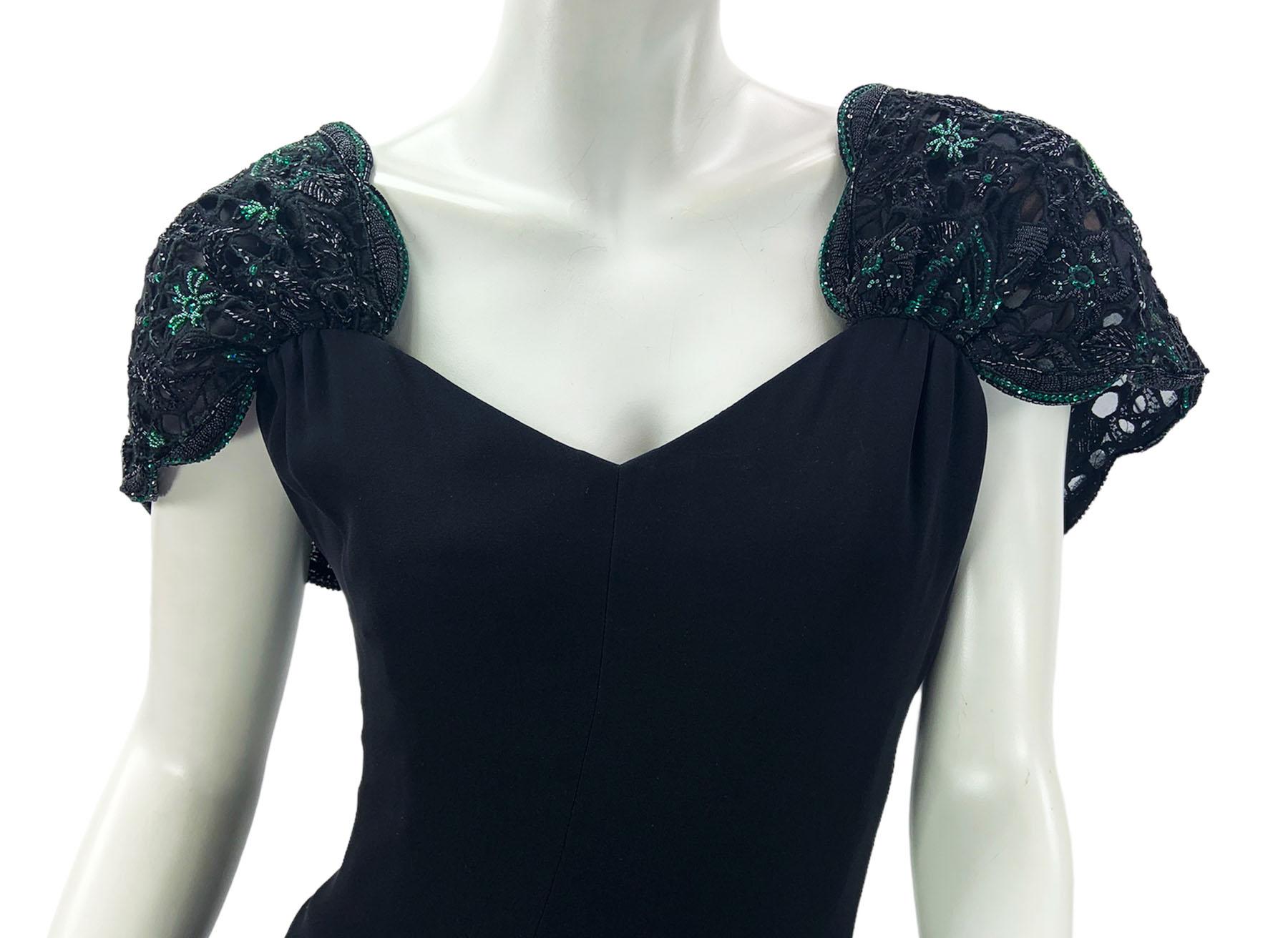 Vintage Valentino Black Silk Embellished Lace Green Bow Dress Gown US 8 For Sale 1
