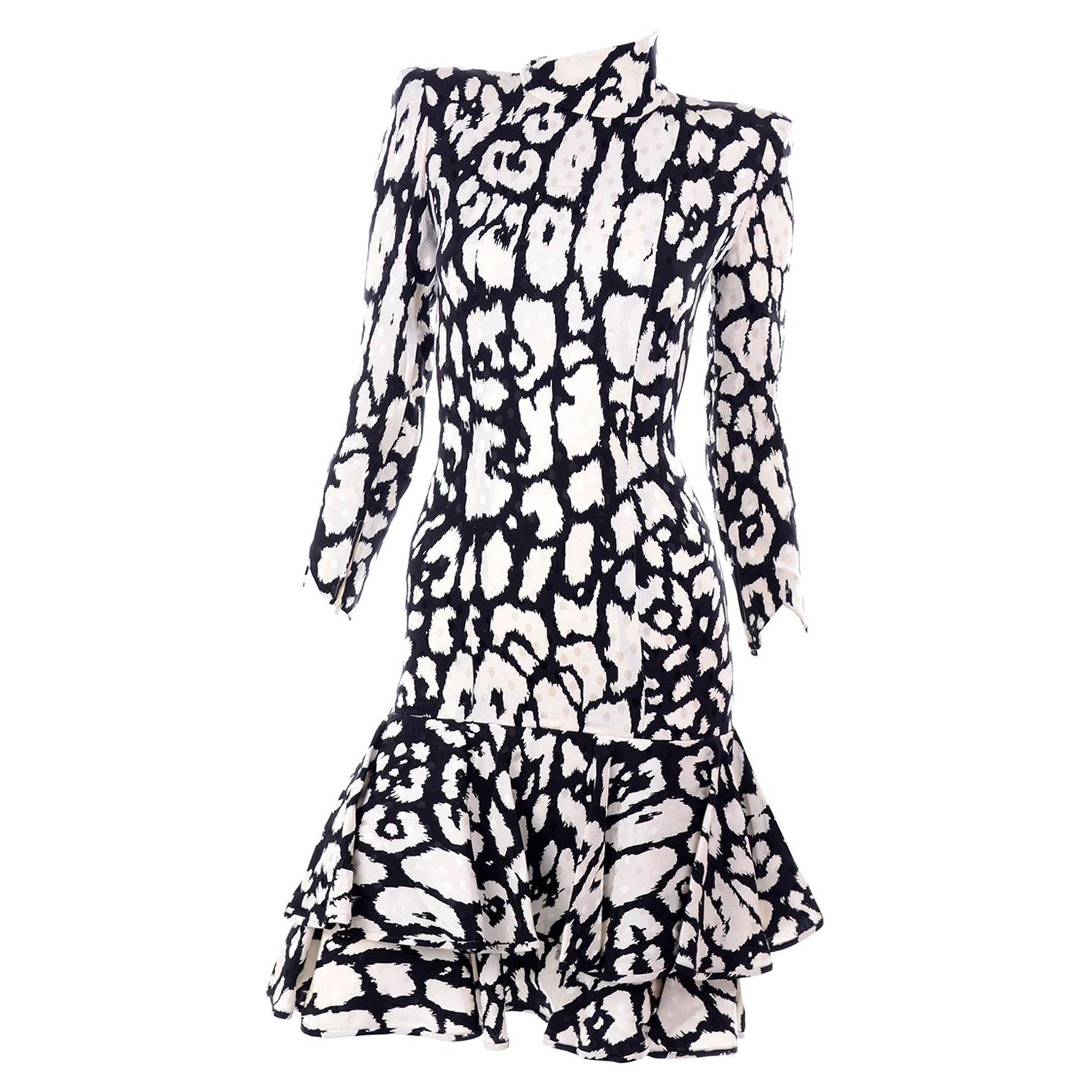 Vintage Valentino Black and White Silk Abstract Print Ruffled Dress at