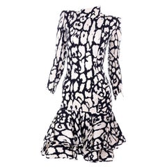 Retro Valentino Black & White Silk Abstract Print Ruffled Dress