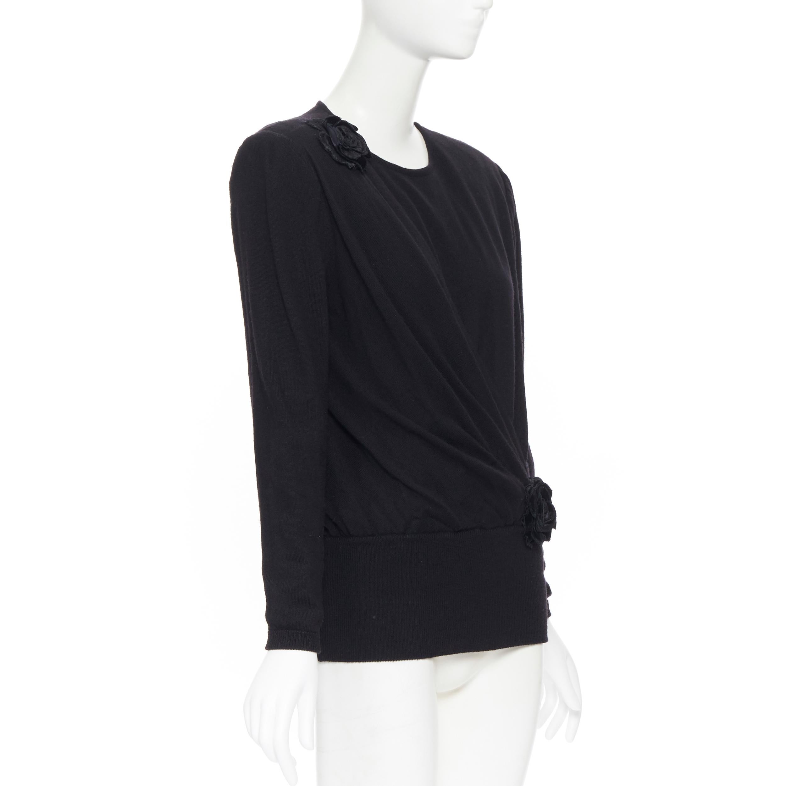 Black vintage VALENTINO black wool floral applique wrap shoulder padded sweater IT42