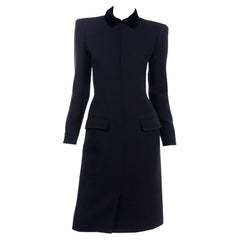 Vintage Valentino Boutique Black Ribbed Coat Style Dress w Velvet Collar