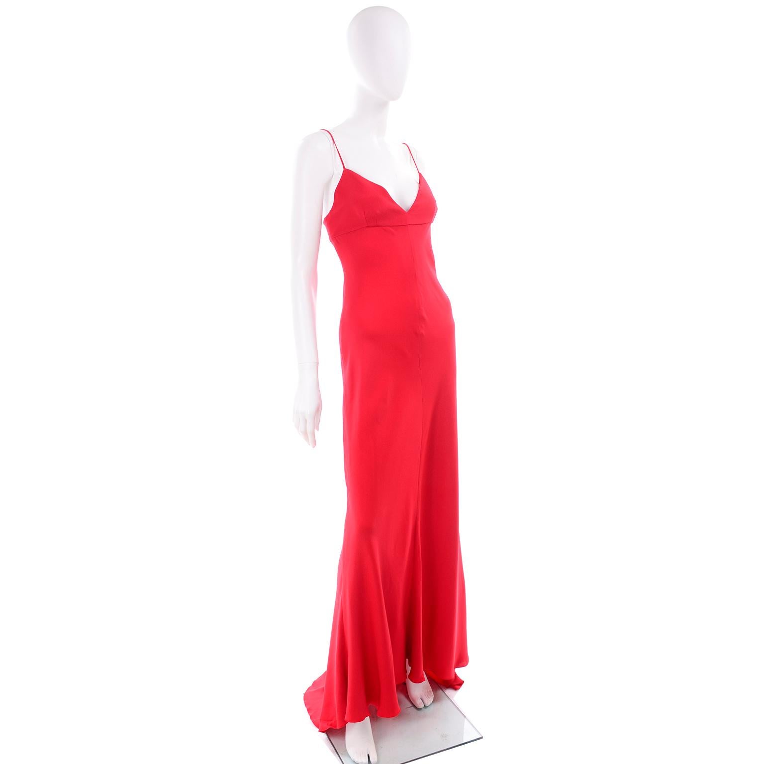 Women's Vintage Valentino Boutique Silk Red Evening Bias Cut Long Slip Dress With Train