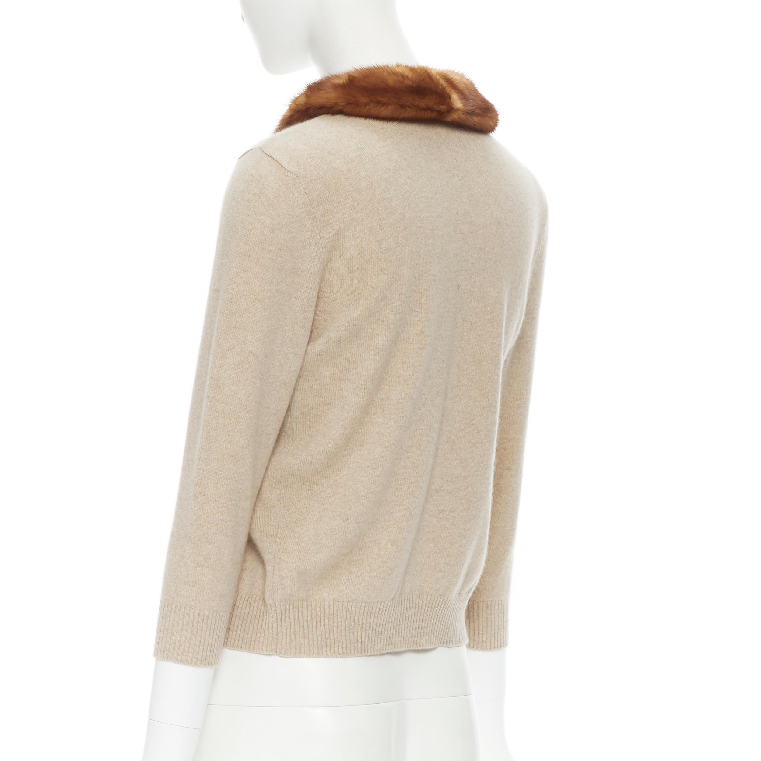 Beige vintage VALENTINO brown mink fur collar 100% cashmere cardigan sweater M