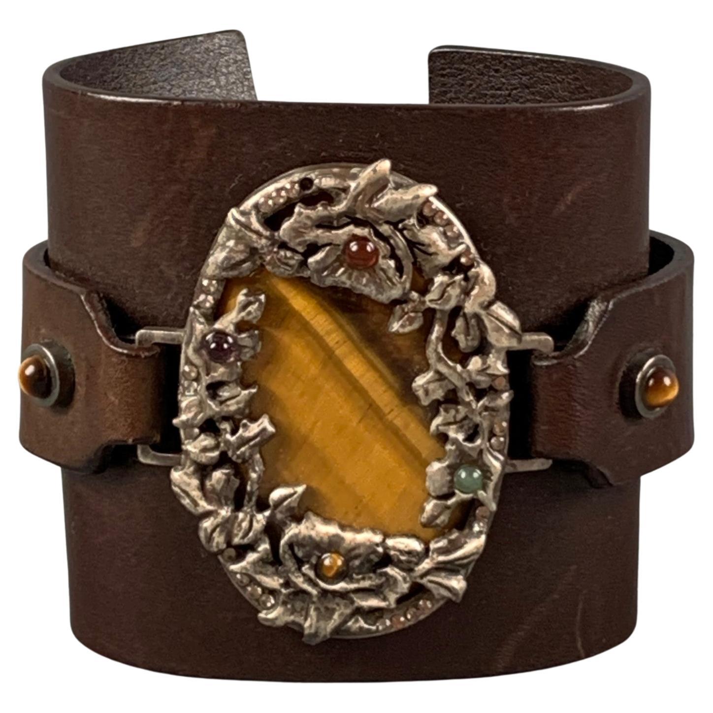 Vintage VALENTINO Brown Silver Leather Metal Bracelet