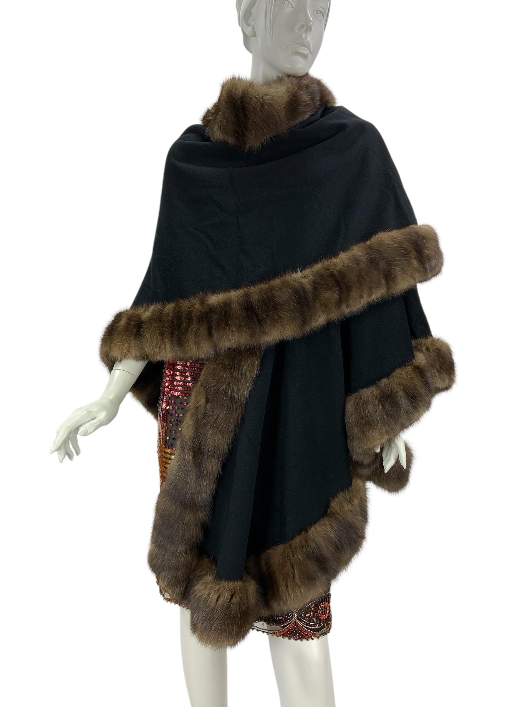 Black Vintage Valentino Couture by Alixandre Sable Trim Cashmere Cape For Sale