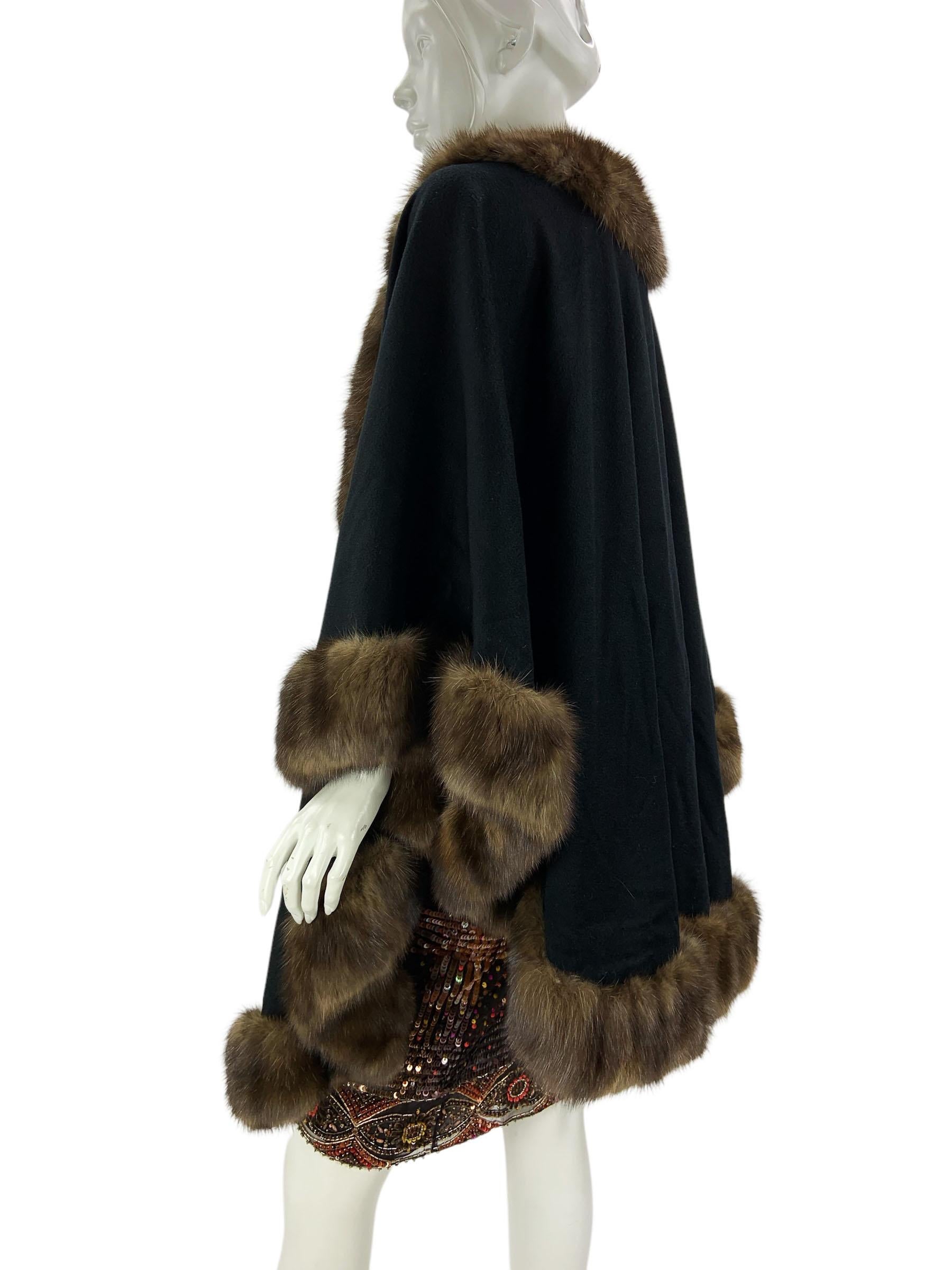 Vintage Valentino Couture by Alixandre Sable Trim Cashmere Cape For Sale 2