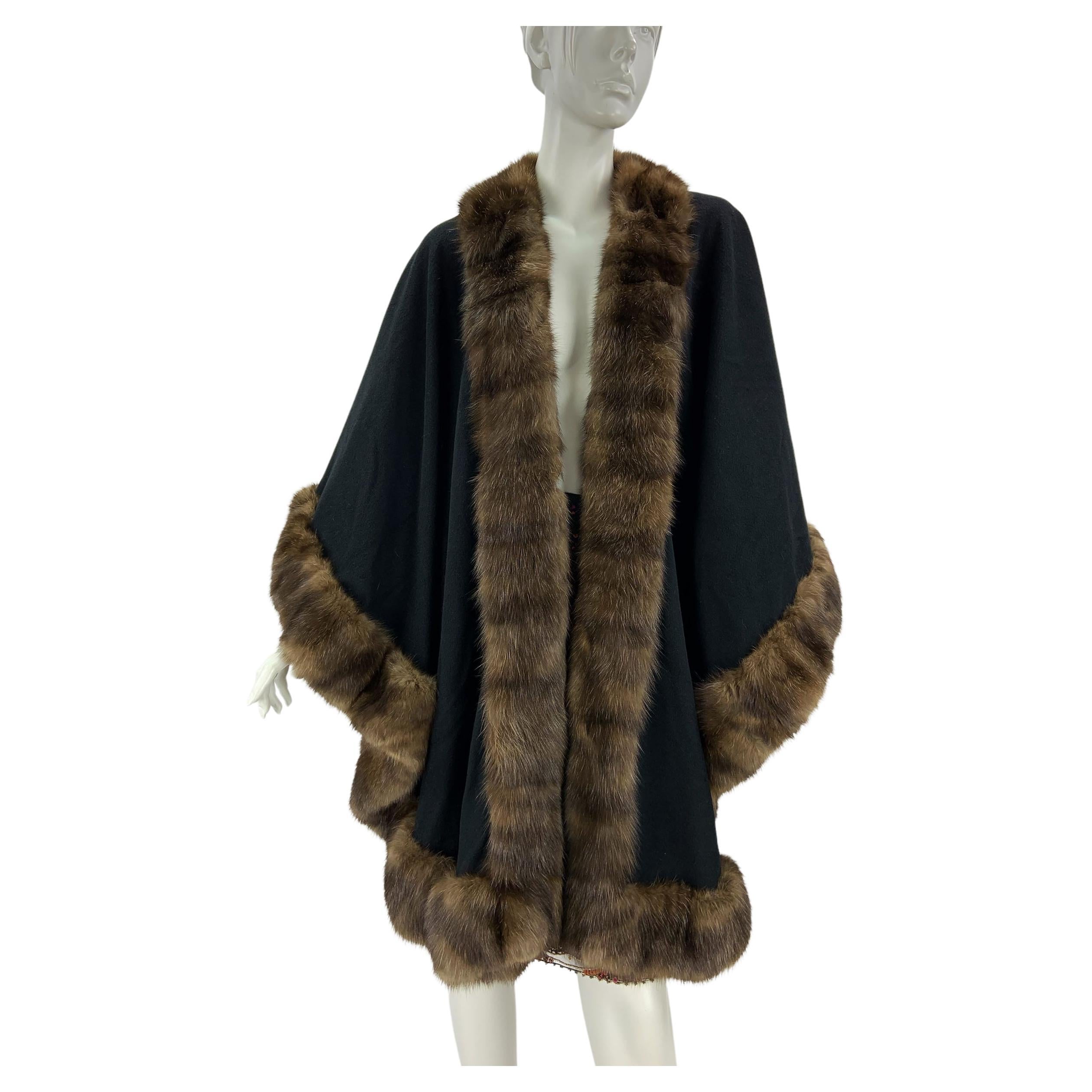 Vintage Valentino Couture by Alixandre Sable Trim Cashmere Cape For Sale