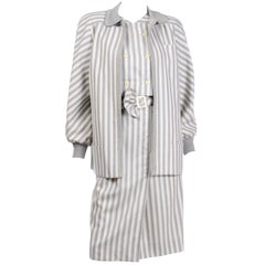 Vintage Valentino Dress & Jacket Ensemble W/ Belt in  Gray Abstract Stripes 