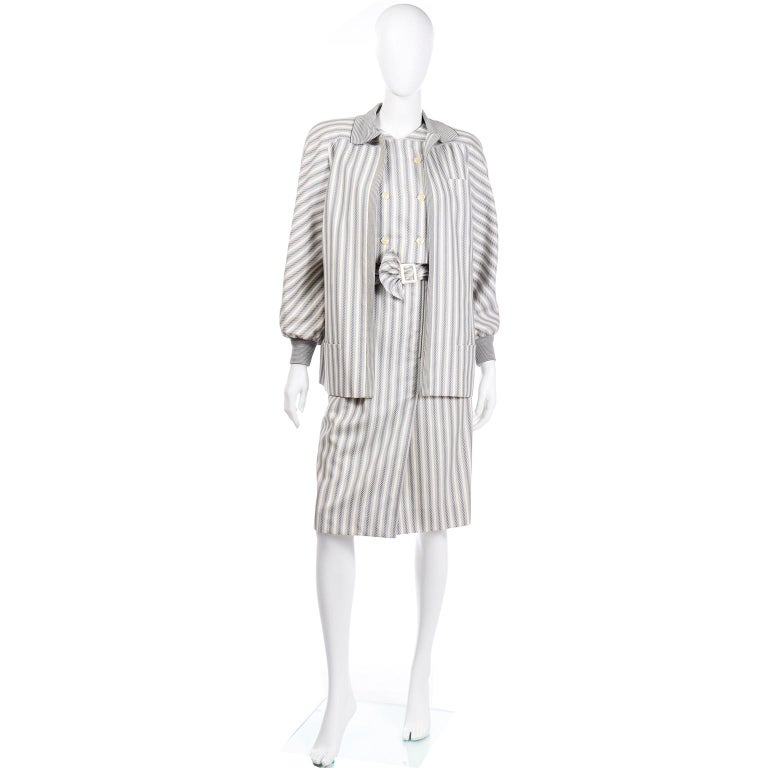 Vintage Valentino Dress and Jacket Ensemble W/ Belt in Gray