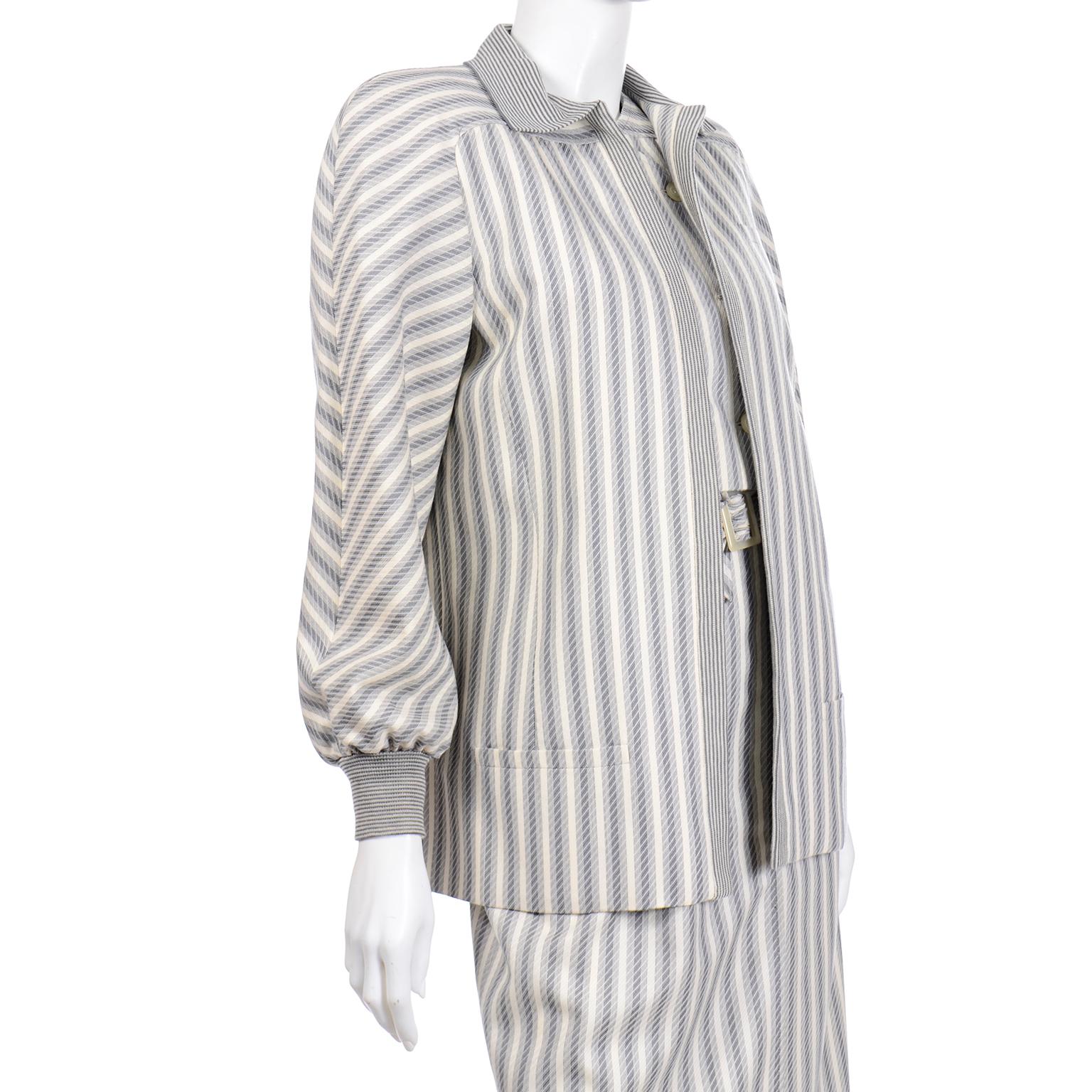Vintage Valentino Dress & Jacket Ensemble W/ Belt in  Gray Abstract Stripes  For Sale 1