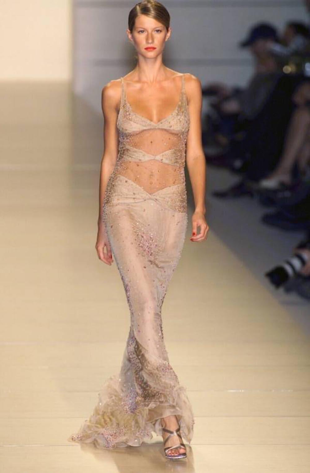 Vintage Valentino F/W 2000 Runway Nude Sexy Sheer Fully Embellished Dress Gown 8 in vendita 9