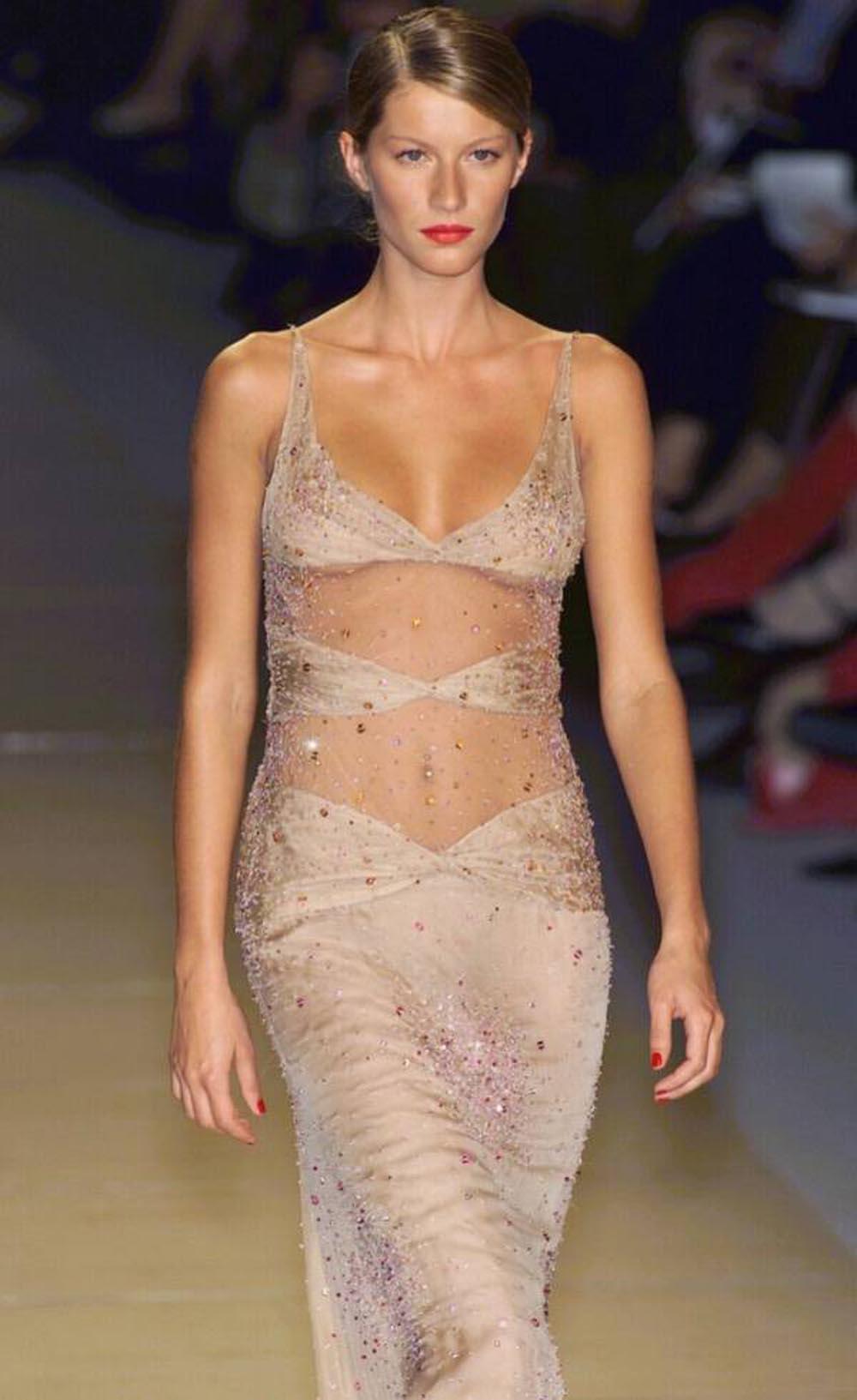 Vintage Valentino F/W 2000 Runway Nude Sexy Sheer Fully Embellished Dress Gown 8 For Sale 11