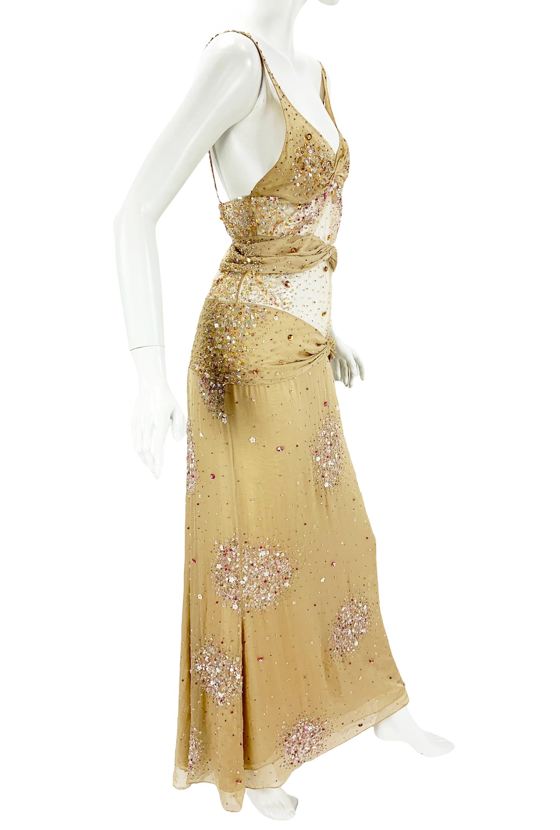 Beige Vintage Valentino F/W 2000 Runway Nude Sexy Sheer Fully Embellished Dress Gown 8 in vendita