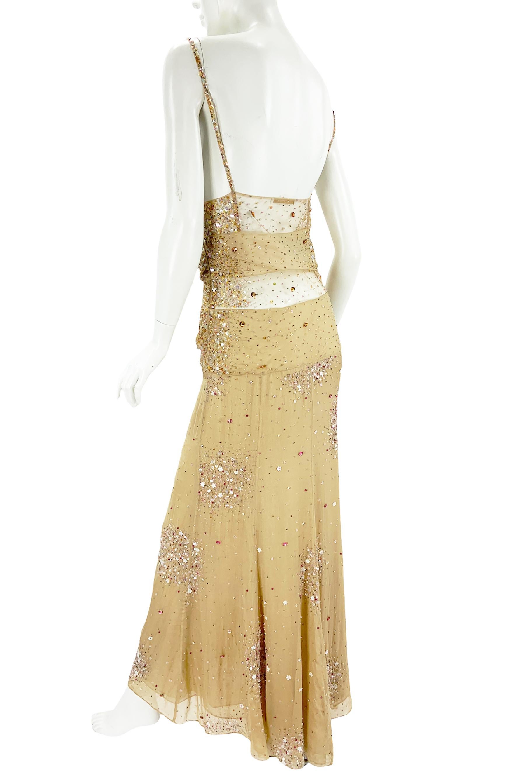 Vintage Valentino F/W 2000 Runway Nude Sexy Sheer Fully Embellished Dress Gown 8 in vendita 1