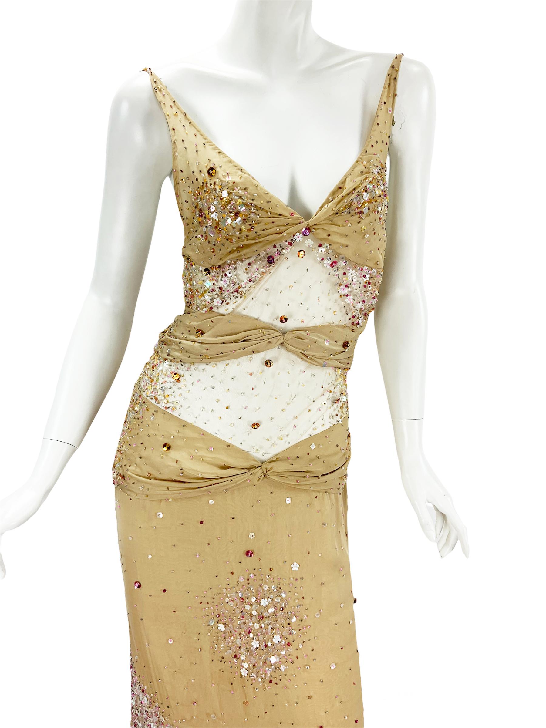 Vintage Valentino F/W 2000 Runway Nude Sexy Sheer Fully Embellished Dress Gown 8 in vendita 2